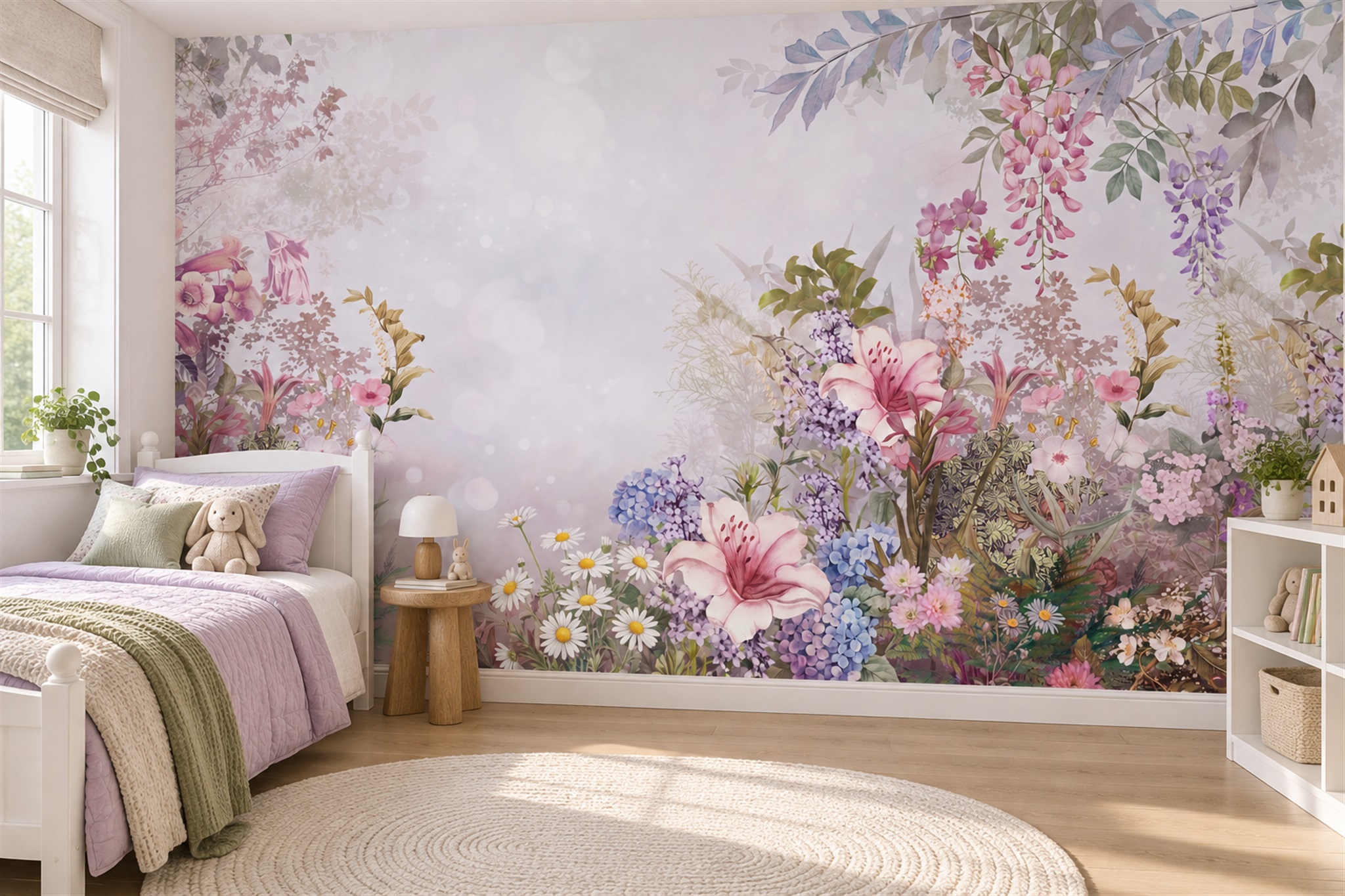 Pink Floral Border Wallpaper Mural With A Quiet Centre — Wallpaper Mural Design, Peel-and-stick Finish