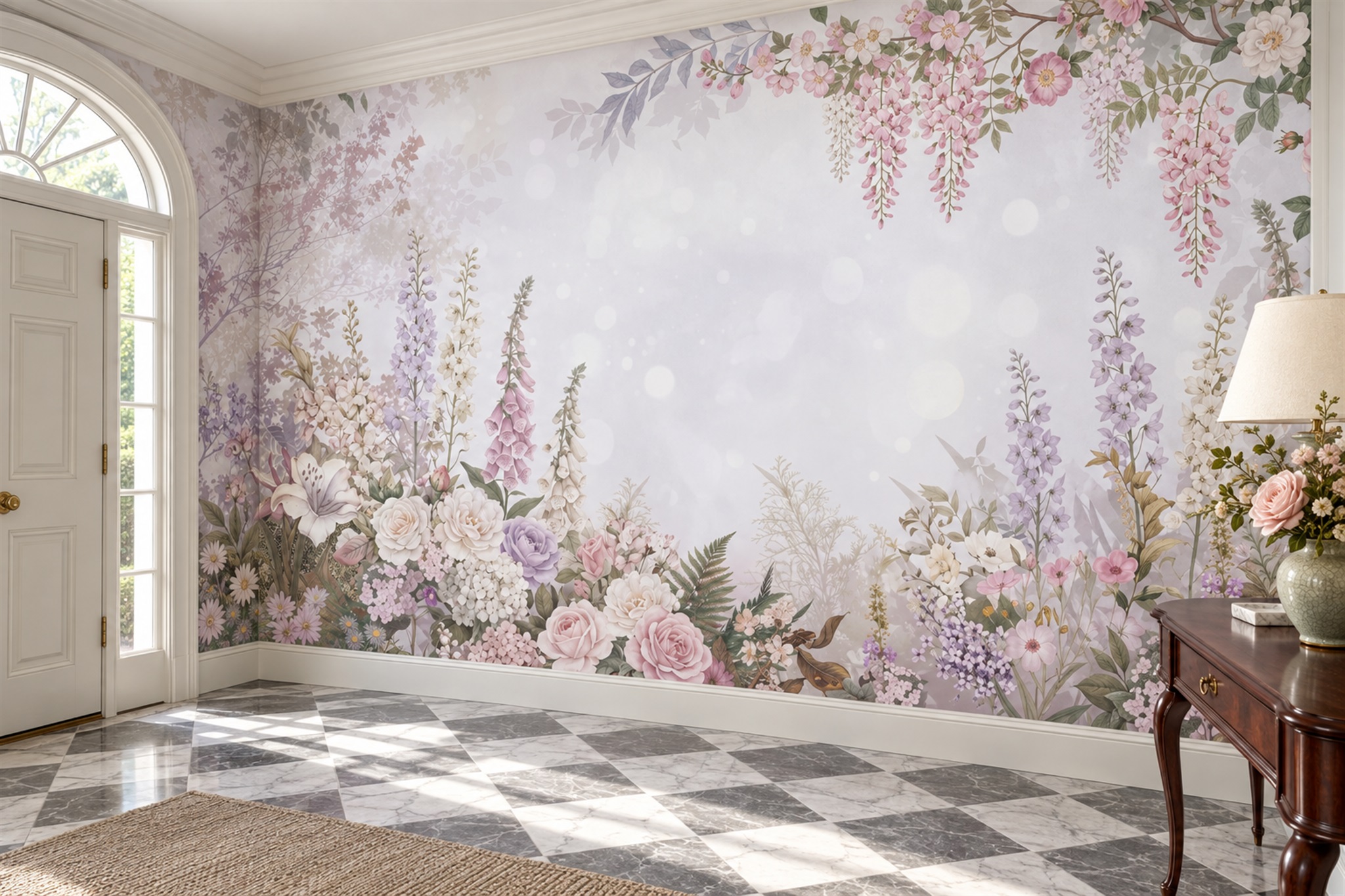 Blush Floral Botanical Wallpaper Mural Entryway-wallpaper-murals, Peel-and-stick Finish