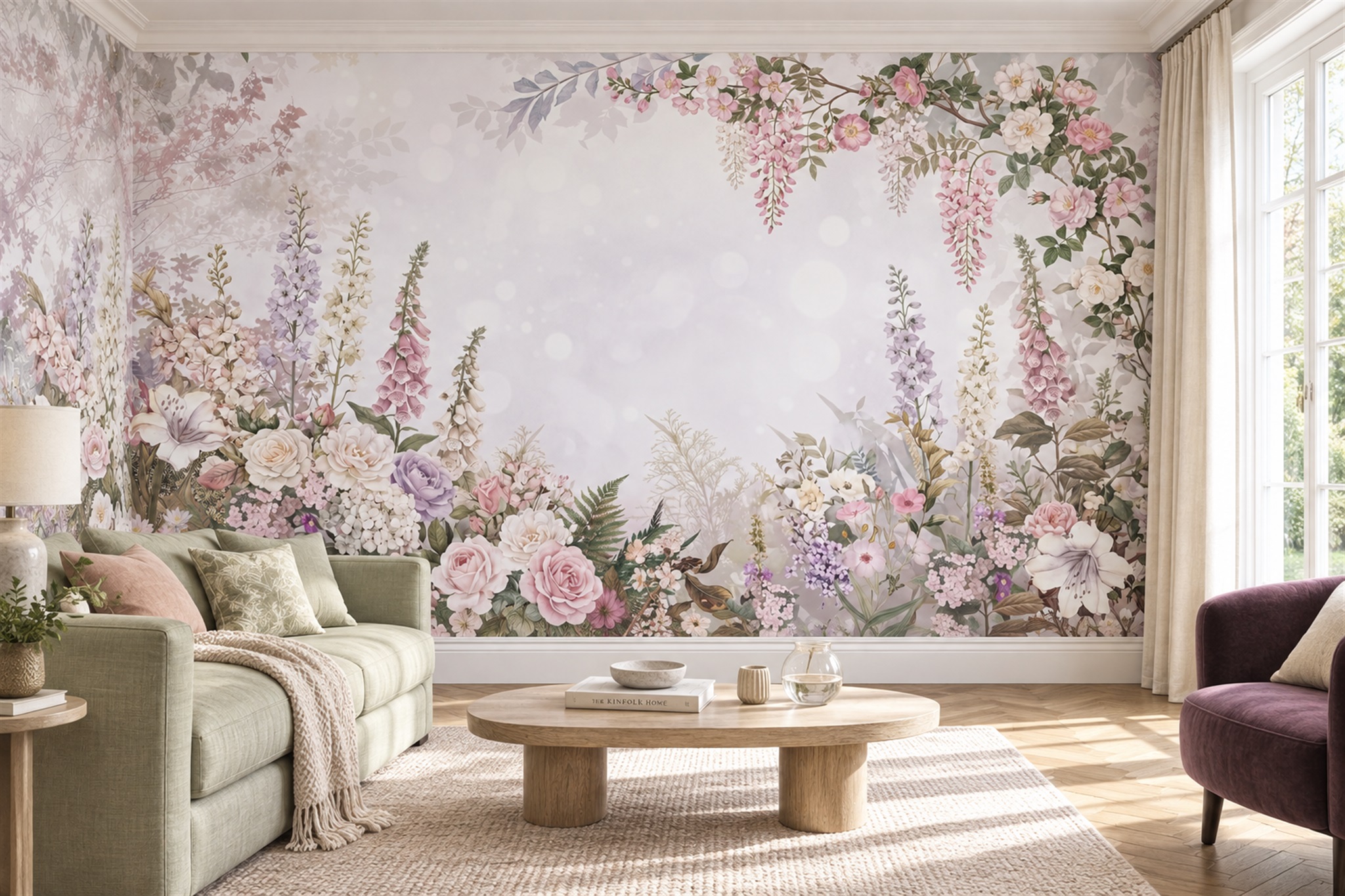 Blush Roses And Foxglove Floral Border Wallpaper Mural — Wallpaper Mural Design, Peel-and-stick Finish