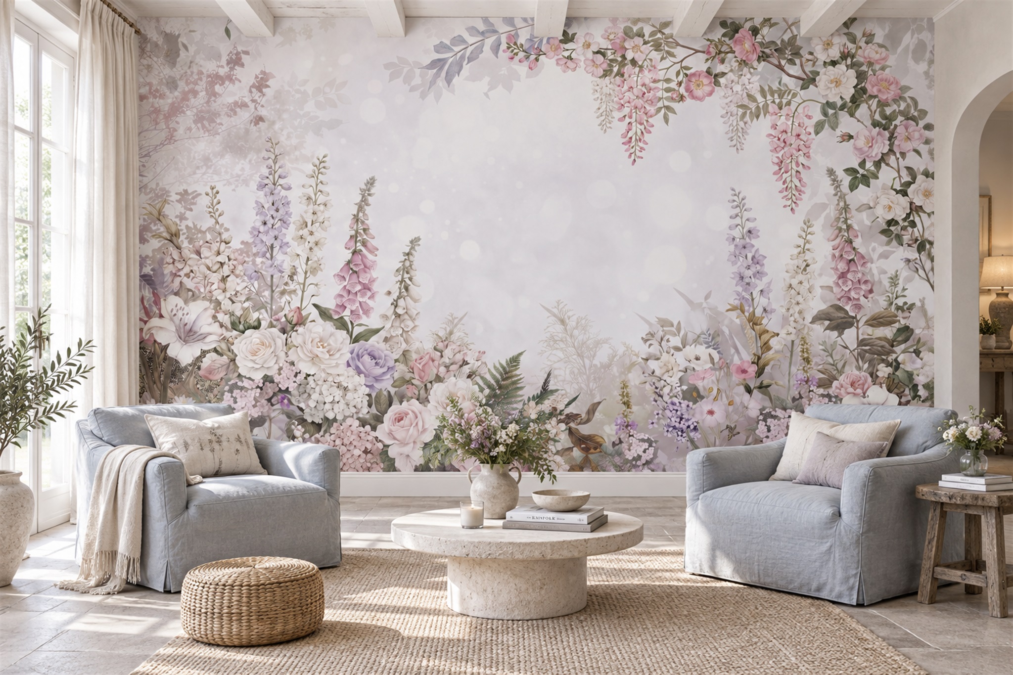 Blush Floral Botanical Wallpaper Mural Accent-wall-wallpaper-murals, Peel-and-stick Finish