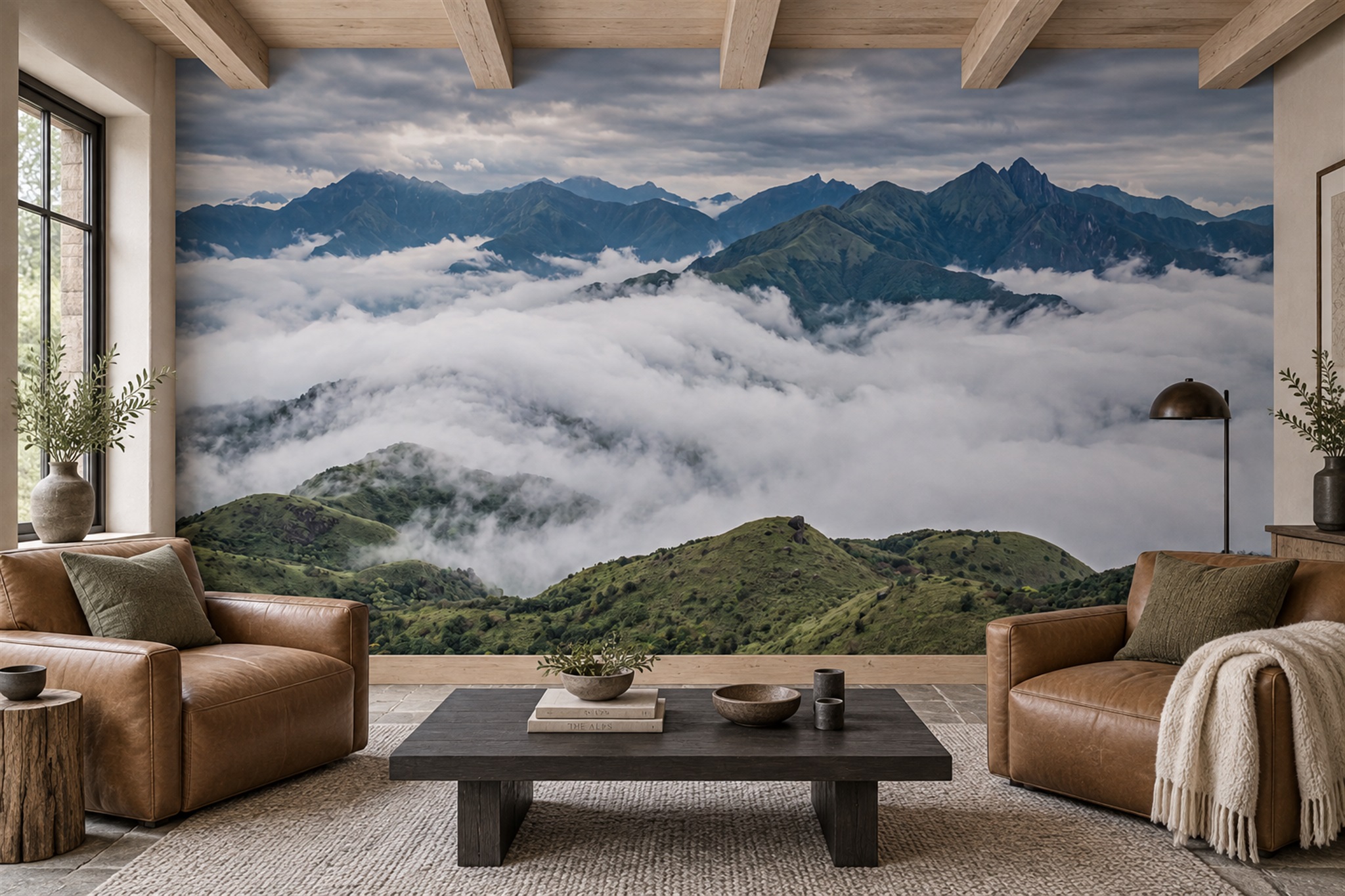 Teal Mountain Peaks Above A Sea Of Clouds Wallpaper Mural — Wallpaper Mural Design, Peel-and-stick Finish
