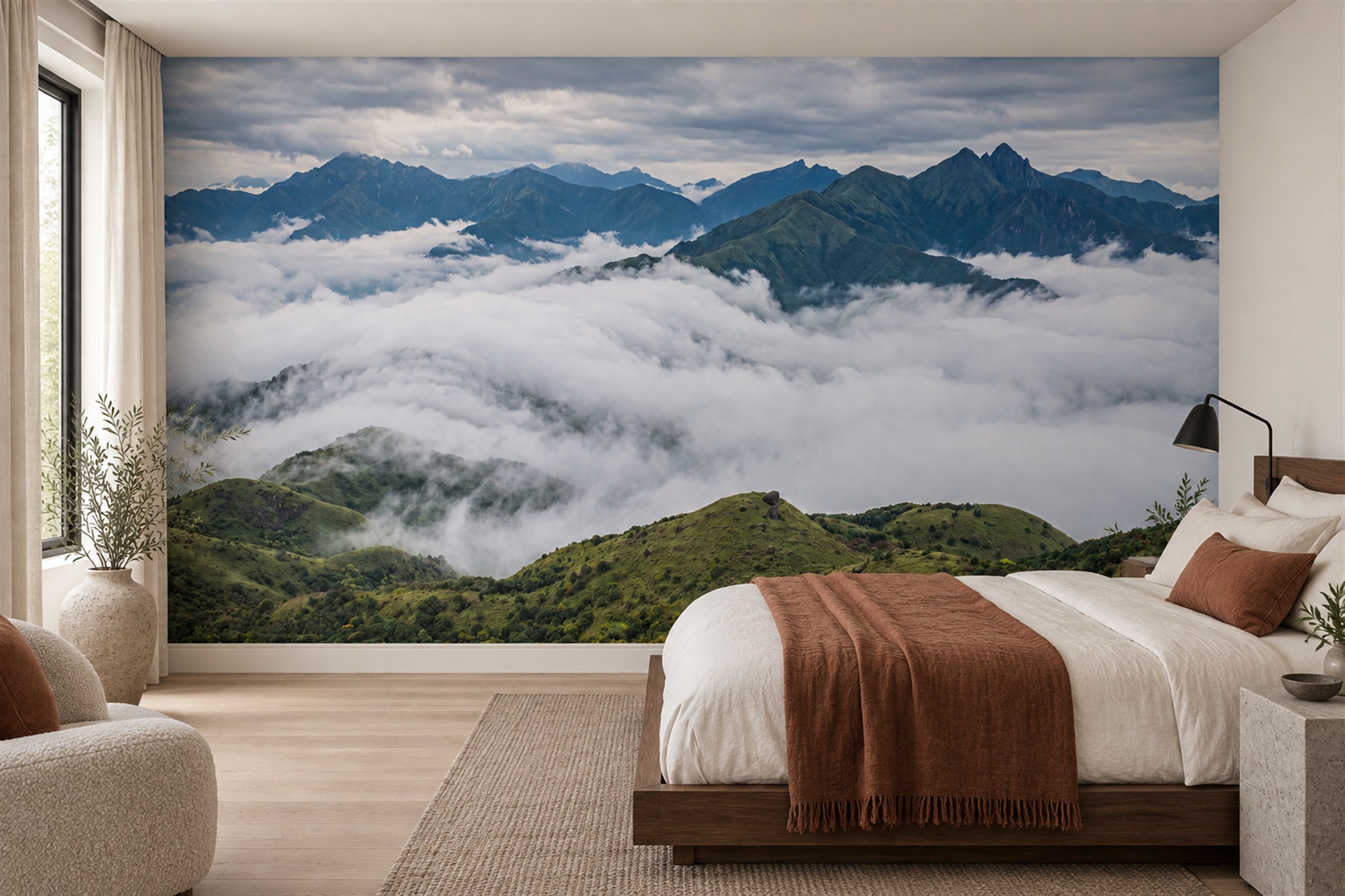 Teal Mountain Scenic Wallpaper Mural Bedroom-wallpaper-murals, Peel-and-stick Finish