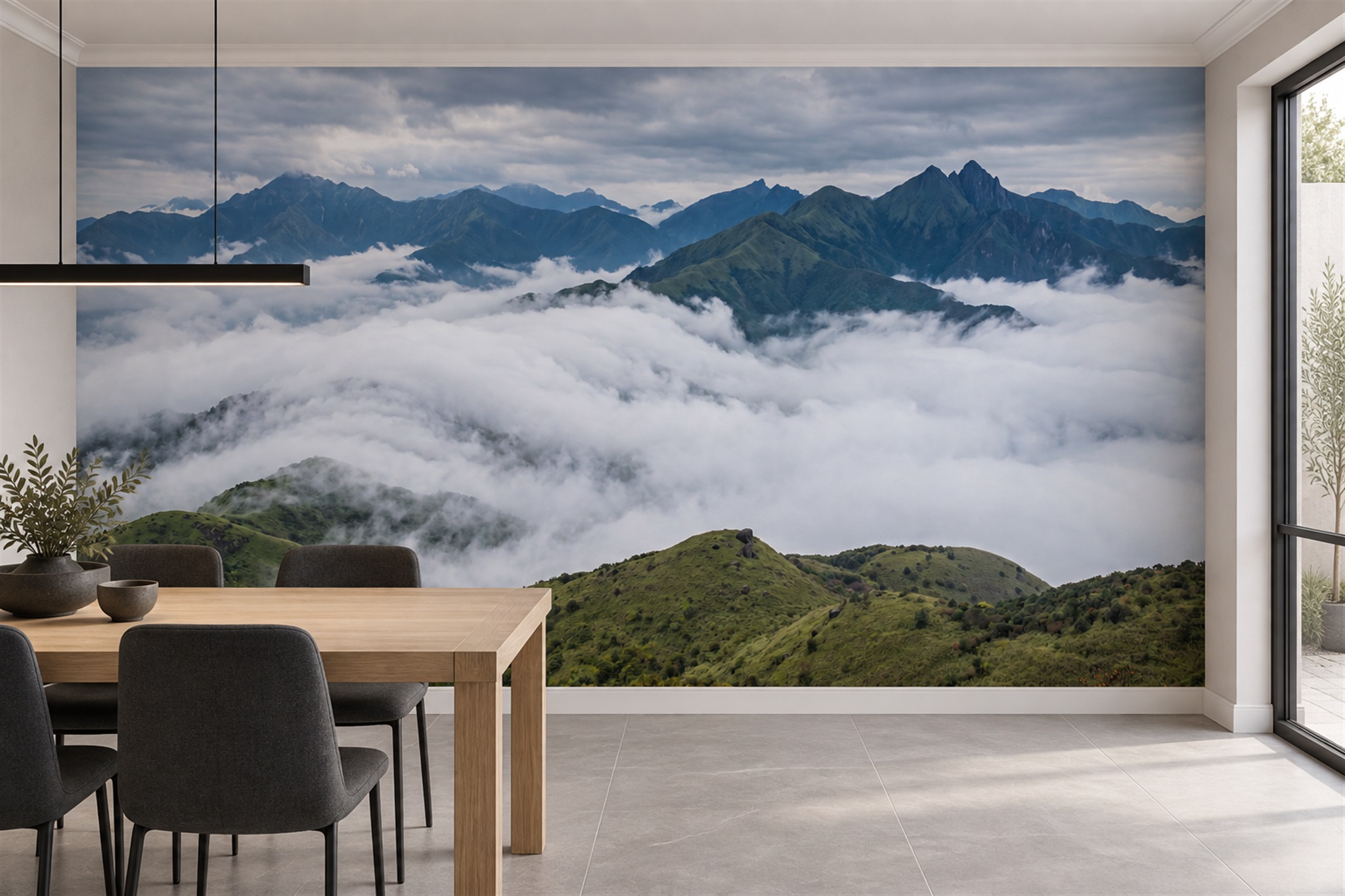 Teal Mountain Scenic Wallpaper Mural Dining-room-wallpaper-murals, Shown In A Dining Room, Peel-and-stick Finish