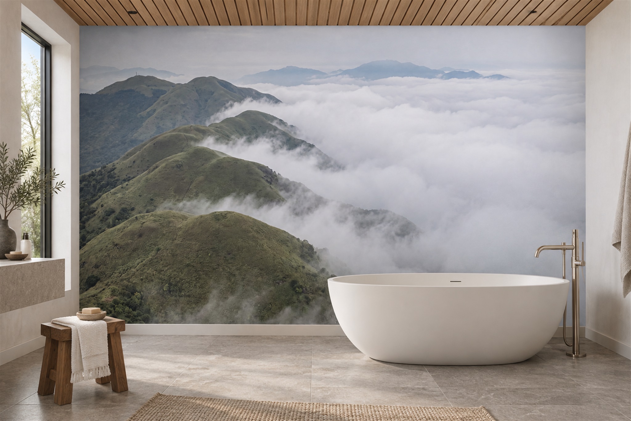 Grey Mountain Scenic Wallpaper Mural Bathroom-wallpaper-murals, Peel-and-stick Finish