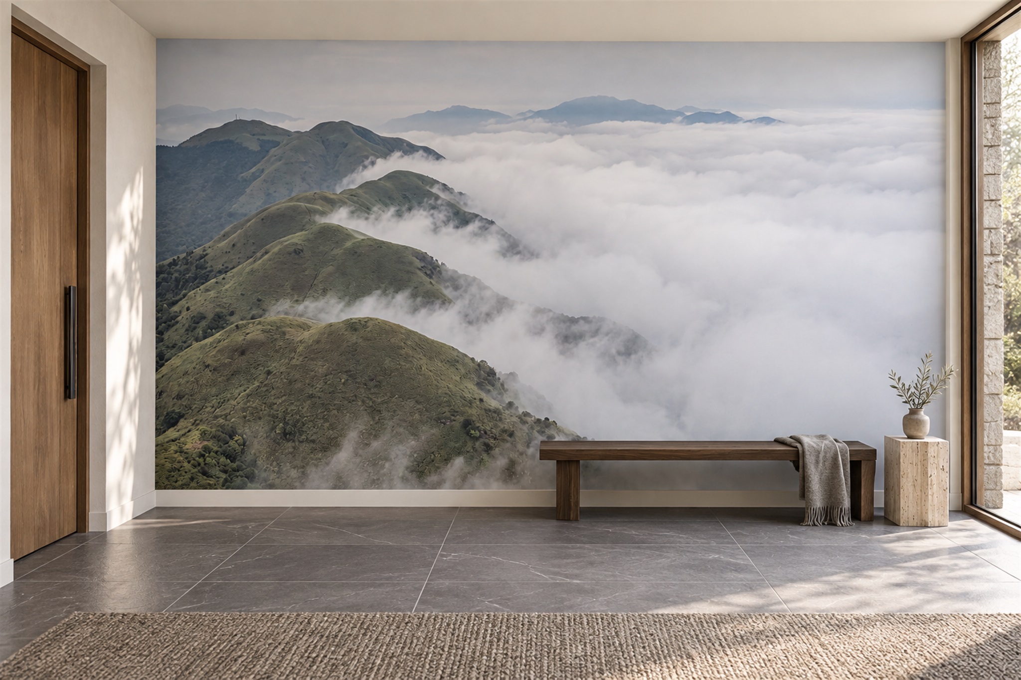 Grey Green Mountain Ridges Above Clouds Wallpaper Mural — Installed Wallpaper Mural In A Entryway, Peel-and-stick Finish