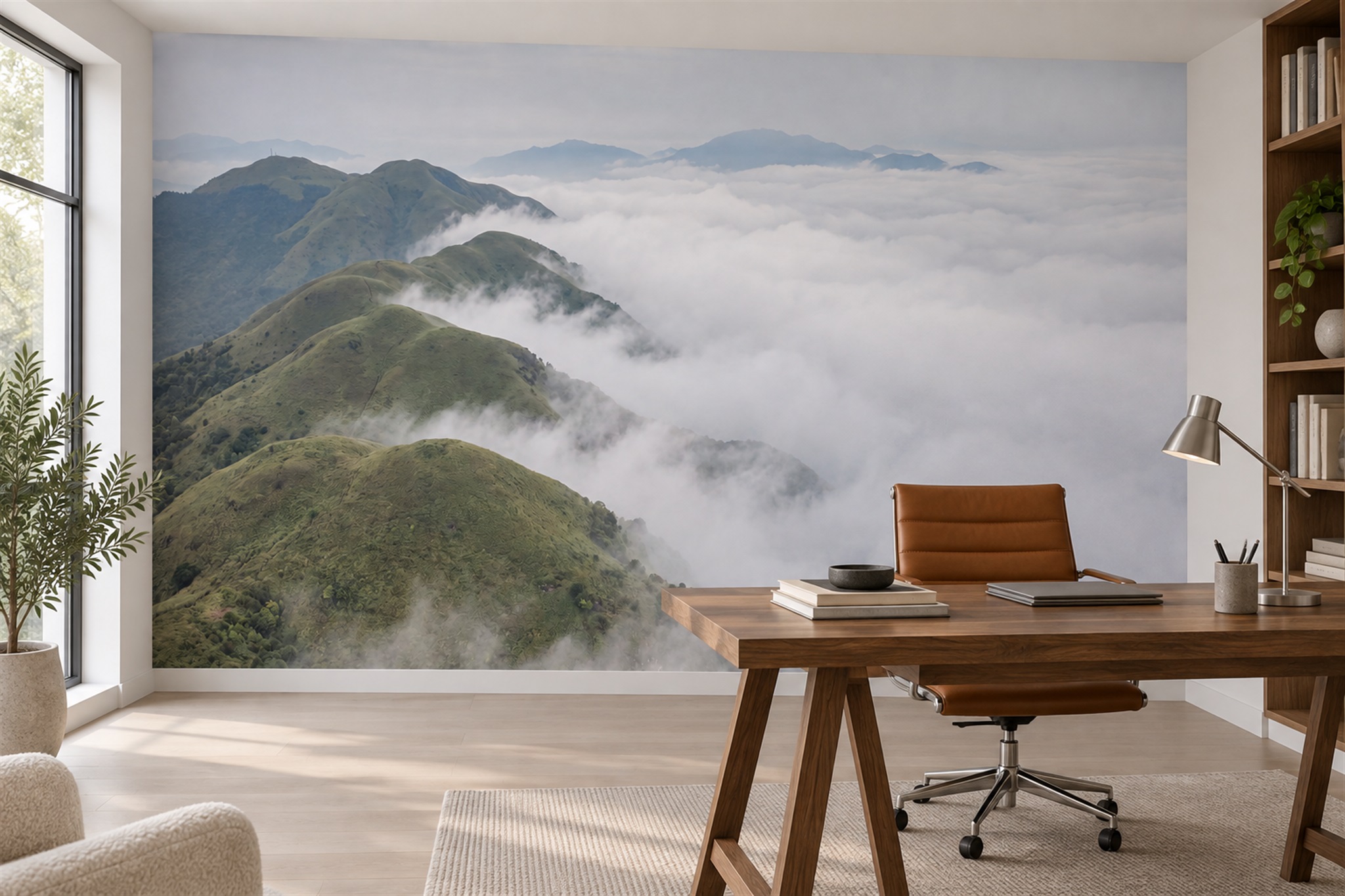 Grey Mountain Scenic Wallpaper Mural Entryway-wallpaper-murals, Peel-and-stick Finish
