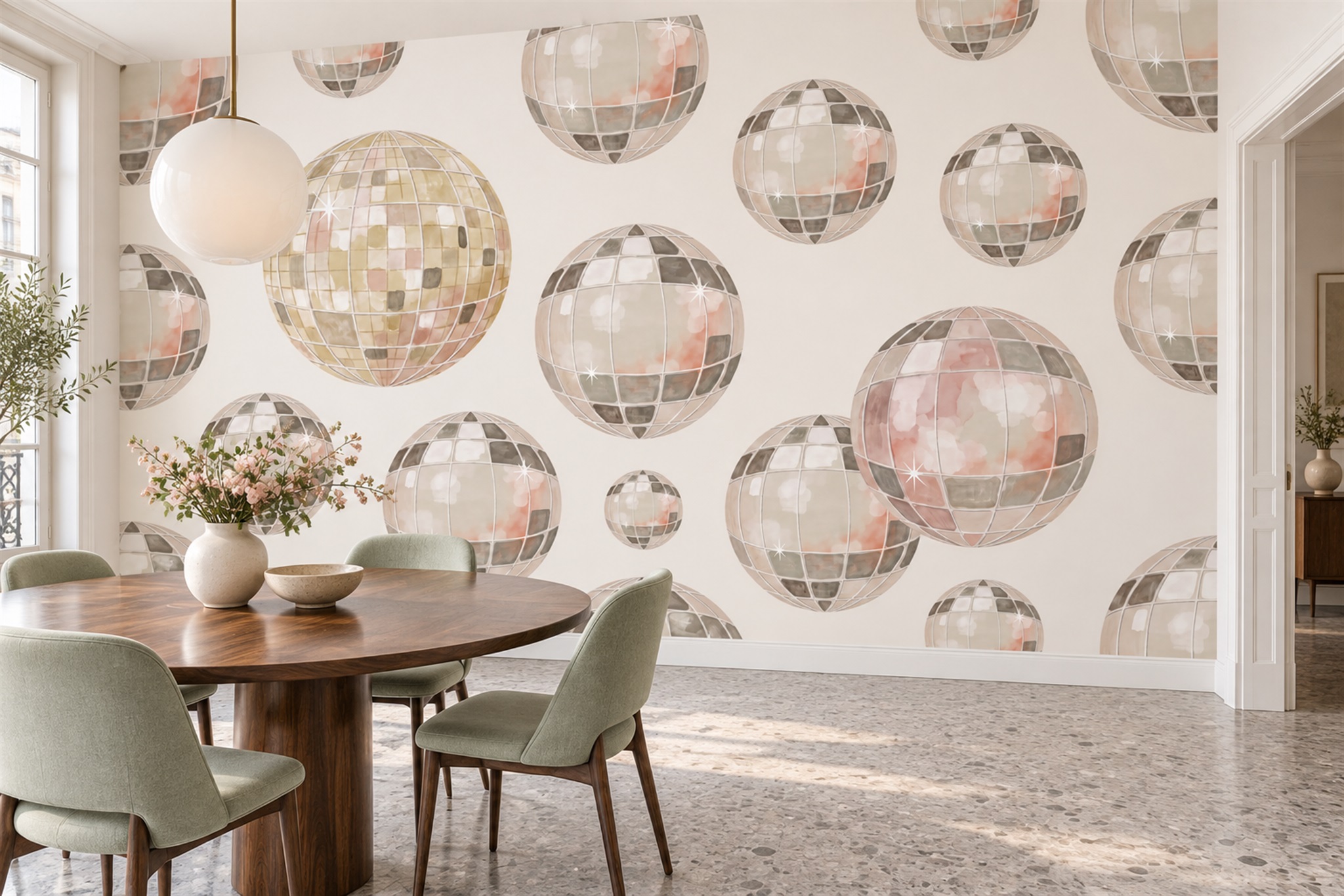Blush Pattern Decorative Wallpaper Mural Dining-room-wallpaper-murals, Shown In A Dining Room, Peel-and-stick Finish