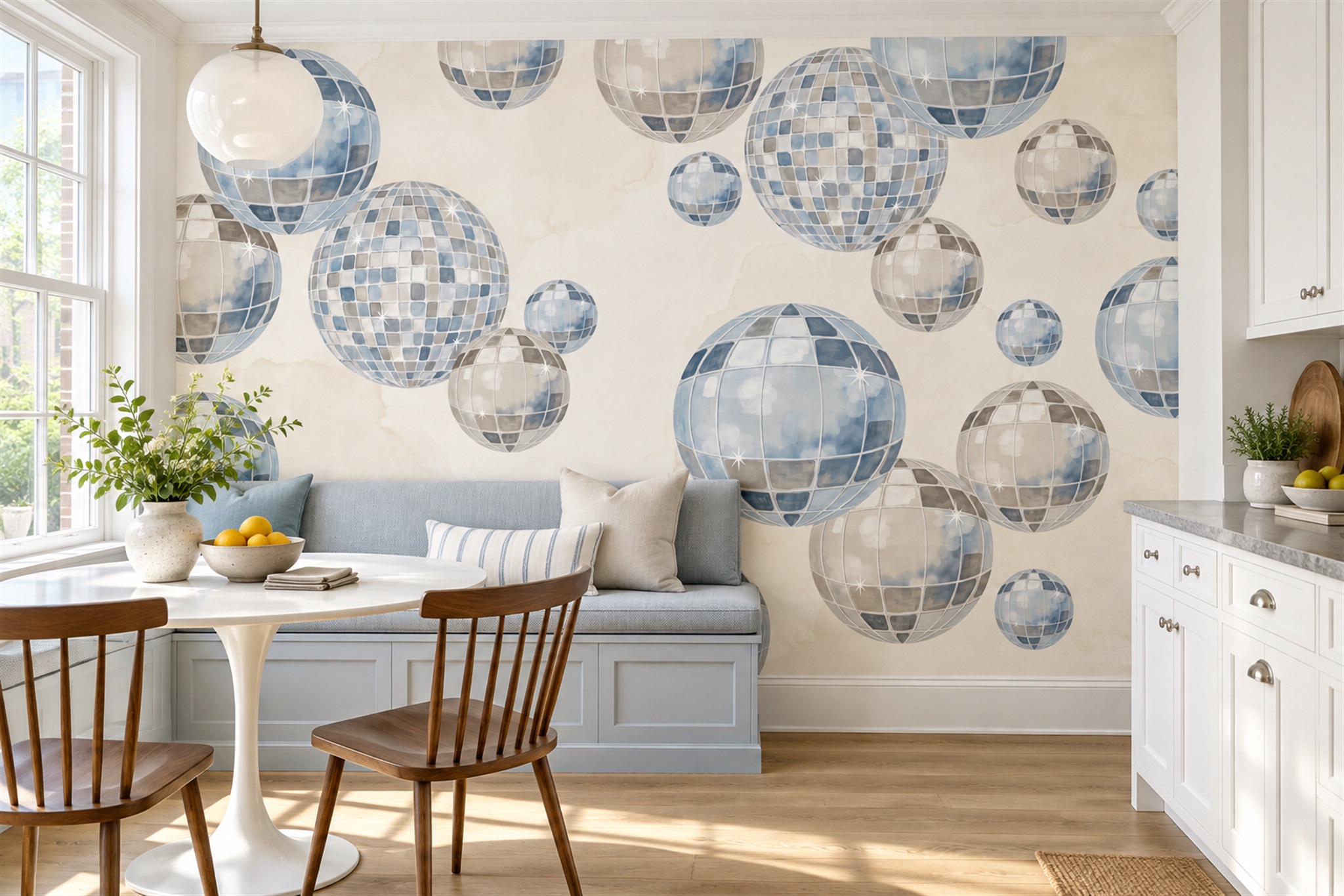 Blue Pattern Decorative Wallpaper Mural Dining-room-wallpaper-murals, Shown In A Dining Room, Peel-and-stick Finish