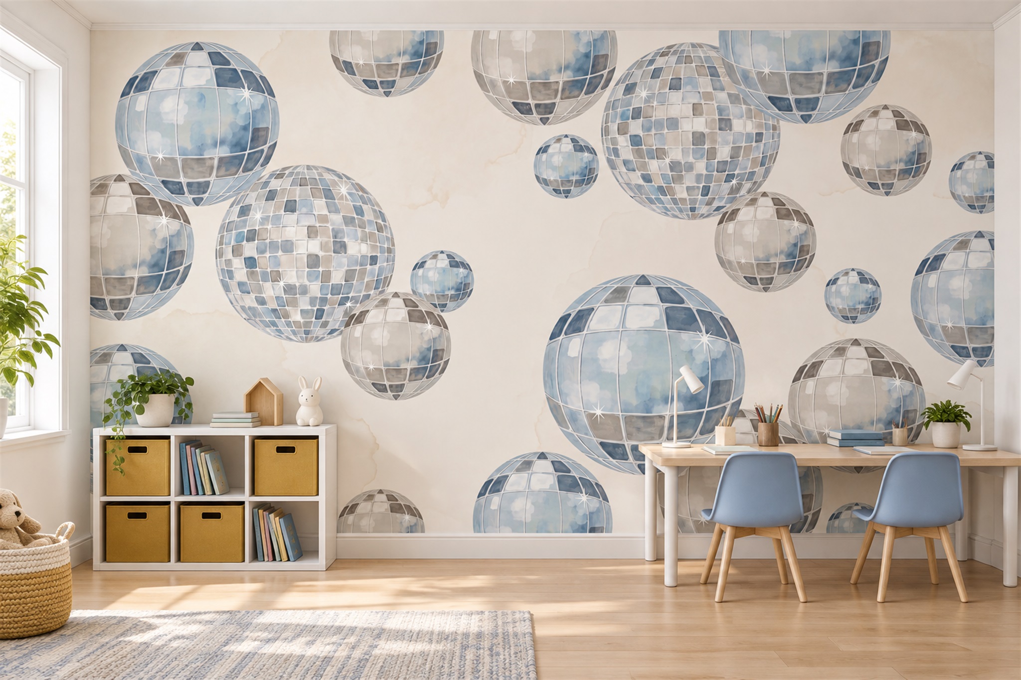 Blue Pattern Decorative Wallpaper Mural Office-wallpaper-murals, Shown In A Home Office, Peel-and-stick Finish