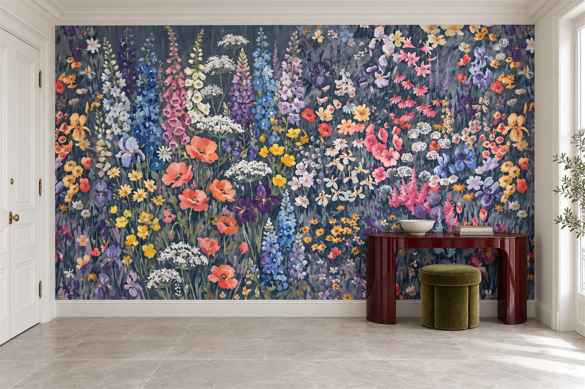 Navy Meadow Scenic Wallpaper Mural Entryway-wallpaper-murals, Peel-and-stick Finish
