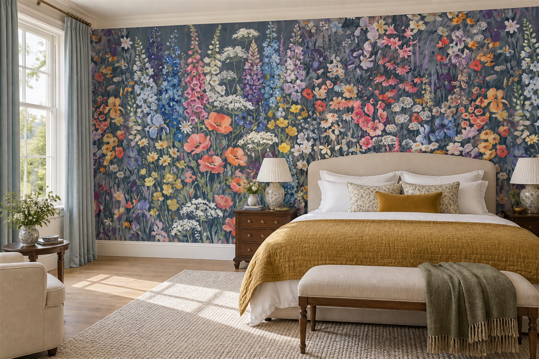 Navy Meadow Scenic Wallpaper Mural Office-wallpaper-murals, Shown In A Home Office, Peel-and-stick Finish