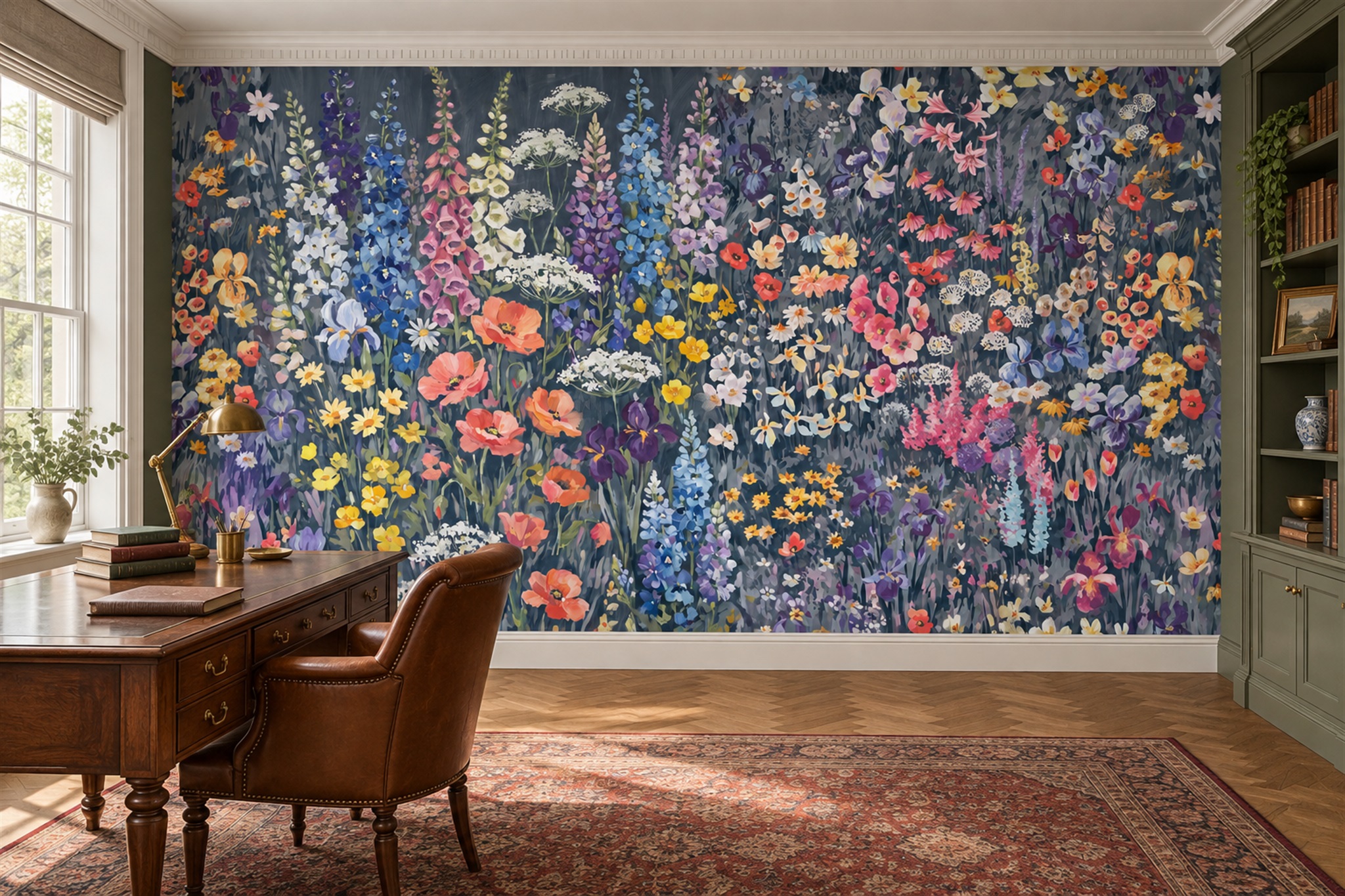 Navy Meadow Scenic Wallpaper Mural Office-wallpaper-murals, Shown In A Home Office, Peel-and-stick Finish