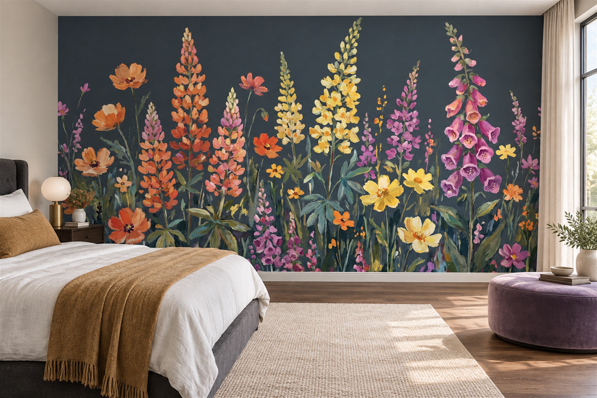 Orange Floral Botanical Decorative Wallpaper Mural Bedroom-wallpaper-murals, Peel-and-stick Finish