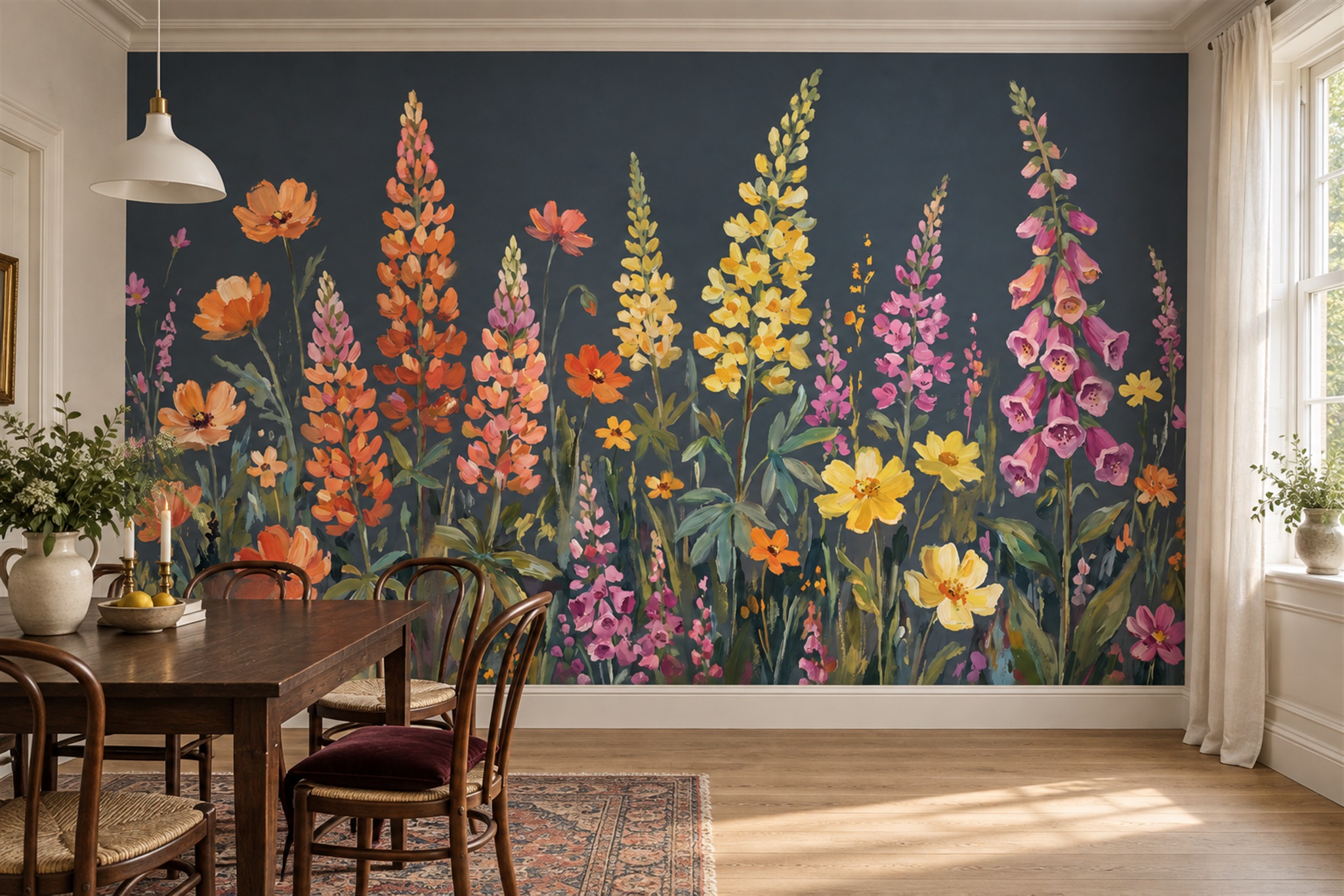 Tall orange, yellow and pink flower mural visible above a dining table