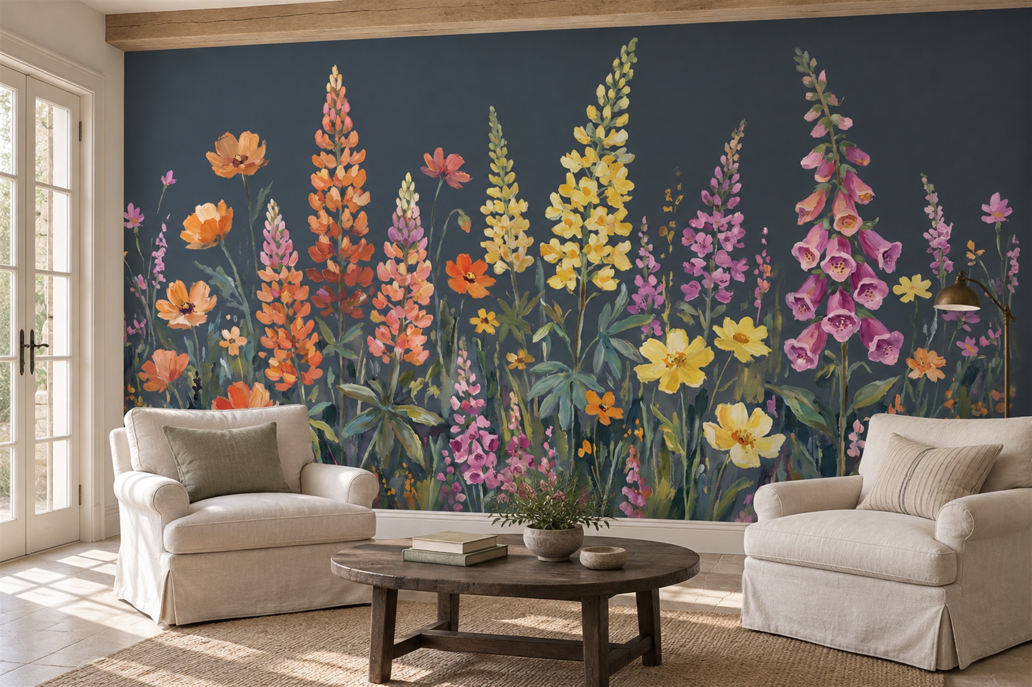 Orange Floral Botanical Decorative Wallpaper Mural Bedroom-wallpaper-murals, Peel-and-stick Finish