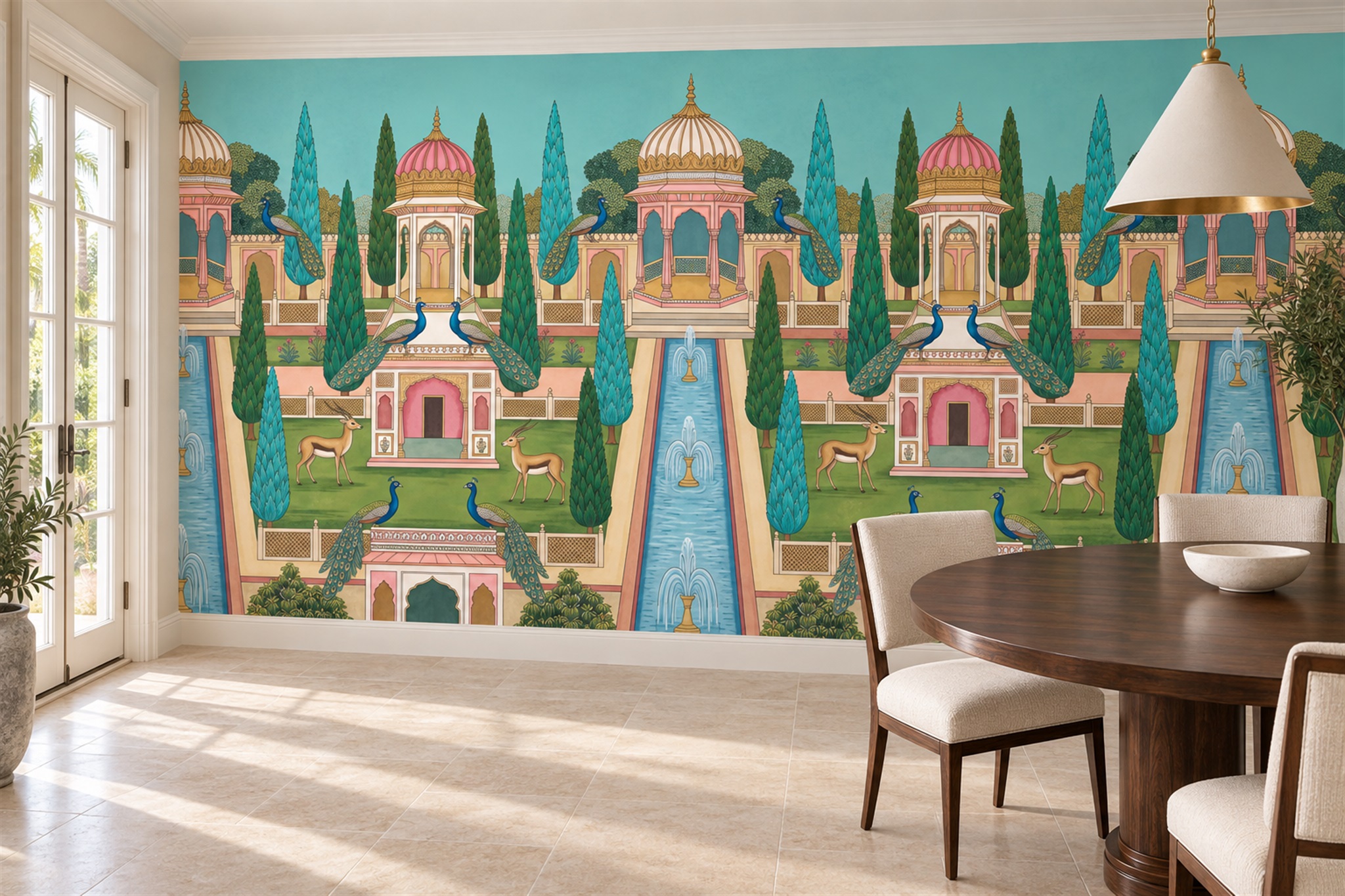 Pink Palace Scenic Wallpaper Mural Dining-room-wallpaper-murals, Shown In A Dining Room, Peel-and-stick Finish