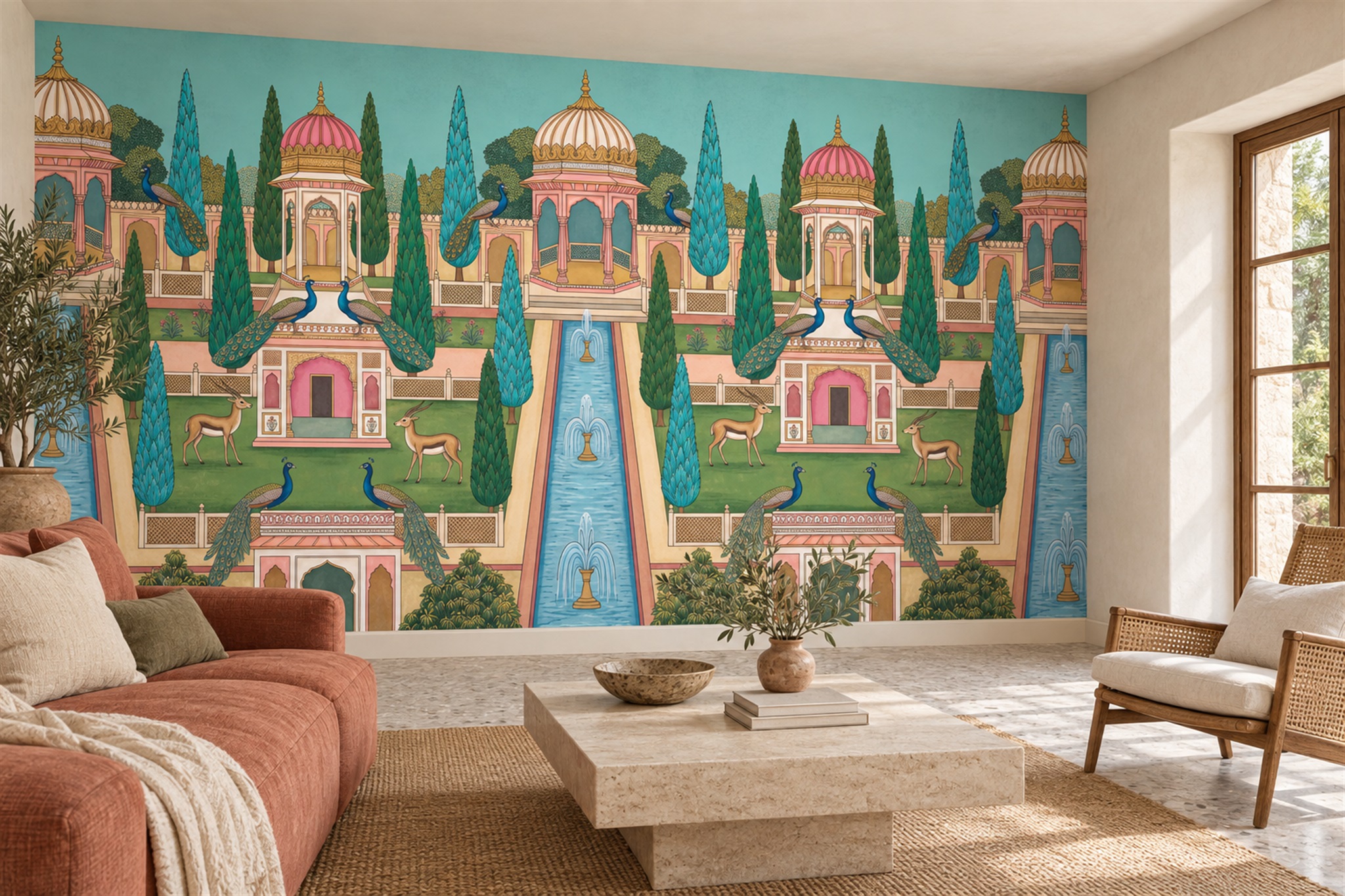 Pink Palace Courtyard With Peacocks And Deer Wallpaper Mural — Wallpaper Mural Design, Peel-and-stick Finish