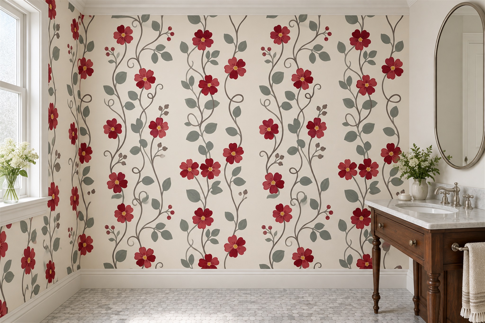 Red Vine Botanical Wallpaper Mural Powder-room-wallpaper-murals, Peel-and-stick Finish