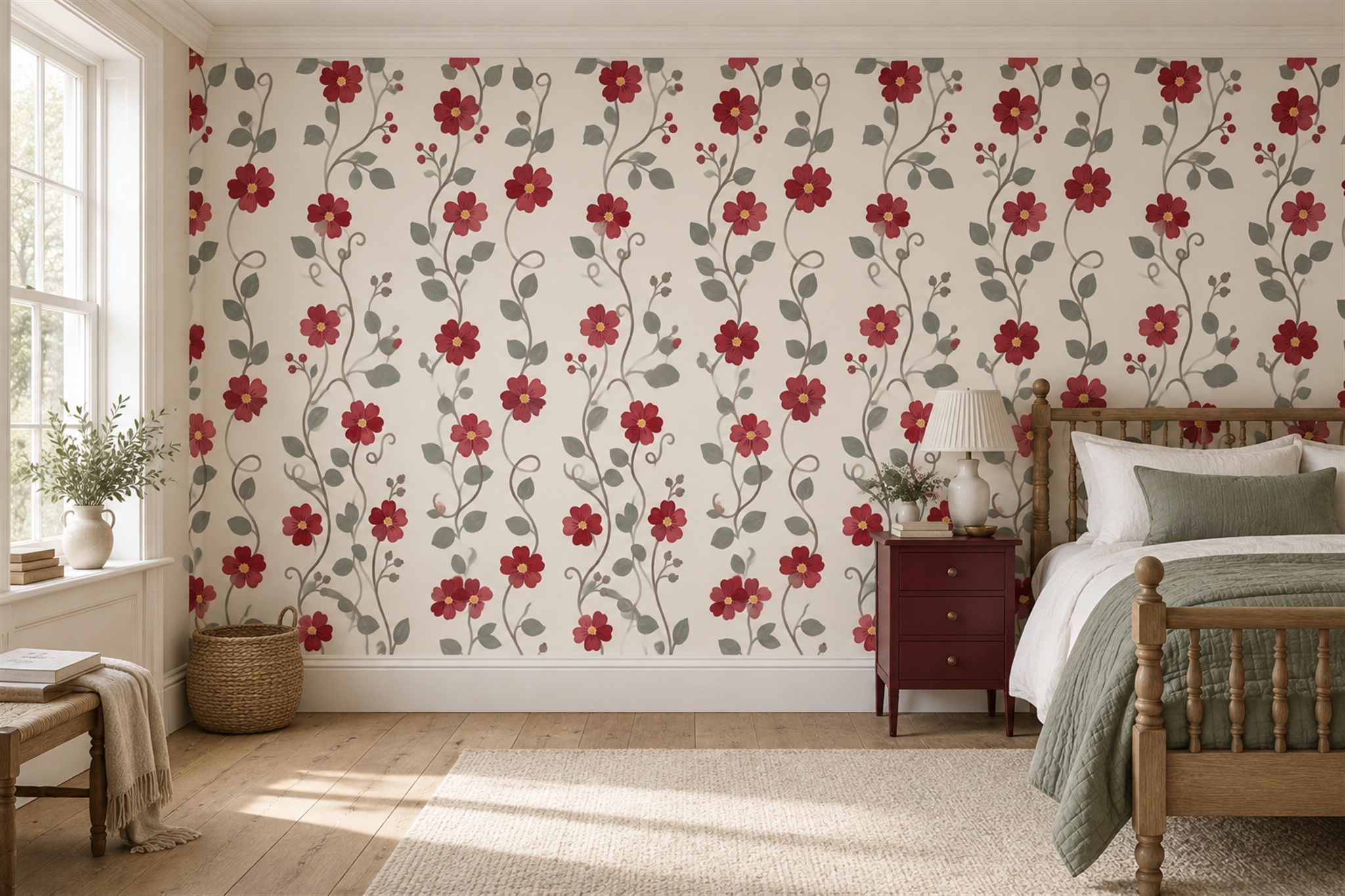 Red Vine Botanical Wallpaper Mural Bedroom-wallpaper-murals, Peel-and-stick Finish