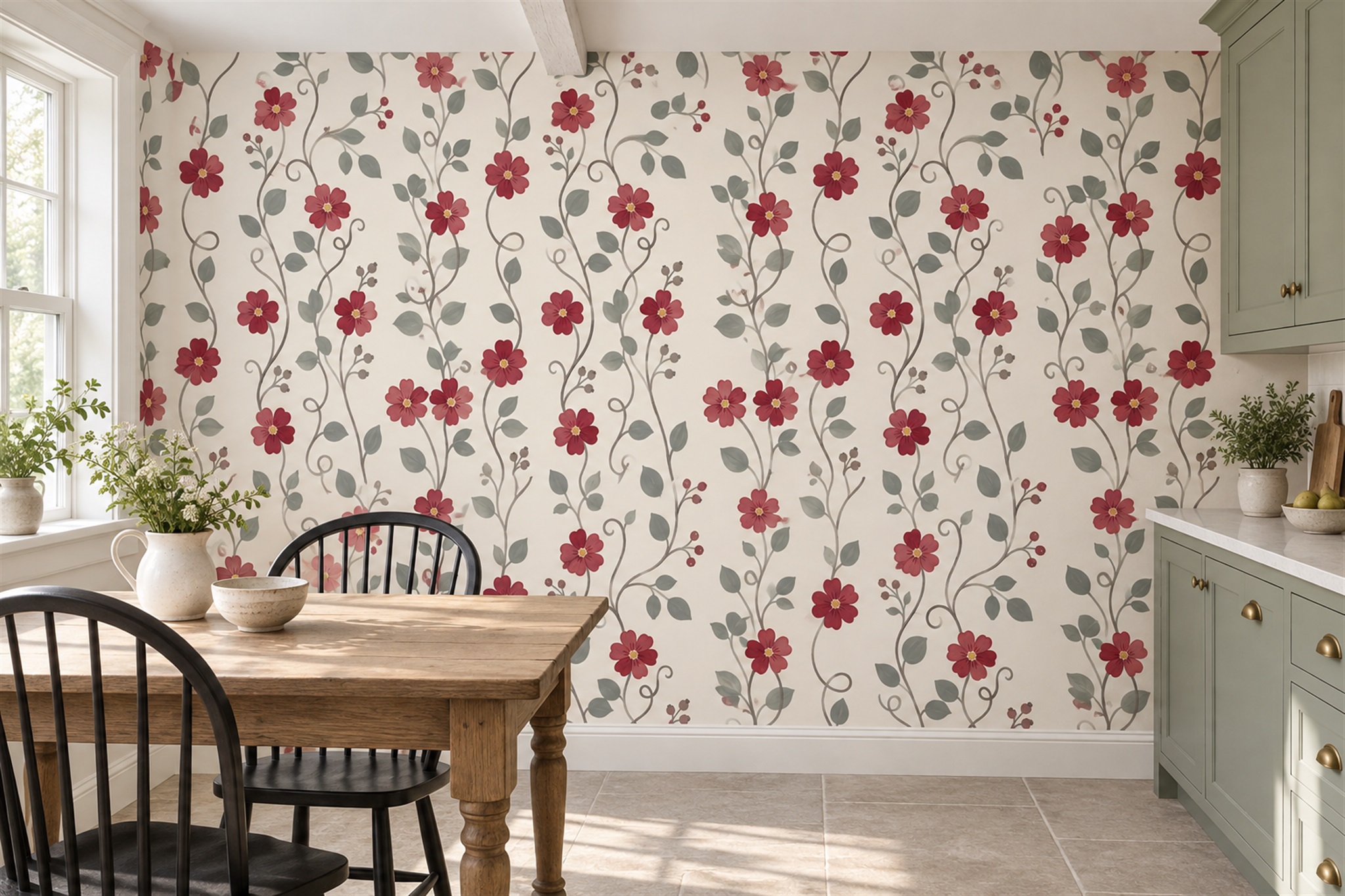 Red Vine Botanical Wallpaper Mural Bedroom-wallpaper-murals, Peel-and-stick Finish