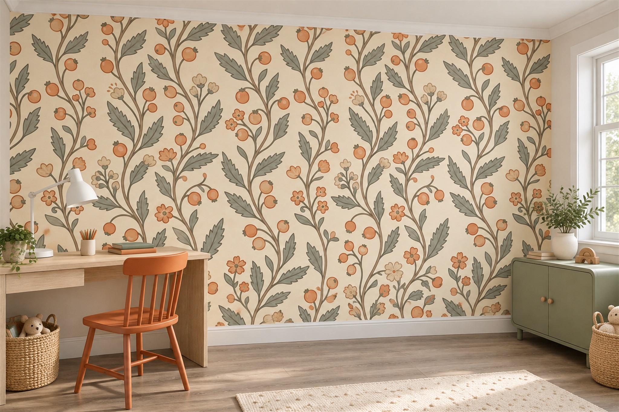 Orange Vine Botanical Wallpaper Mural Office-wallpaper-murals, Shown In A Home Office, Peel-and-stick Finish