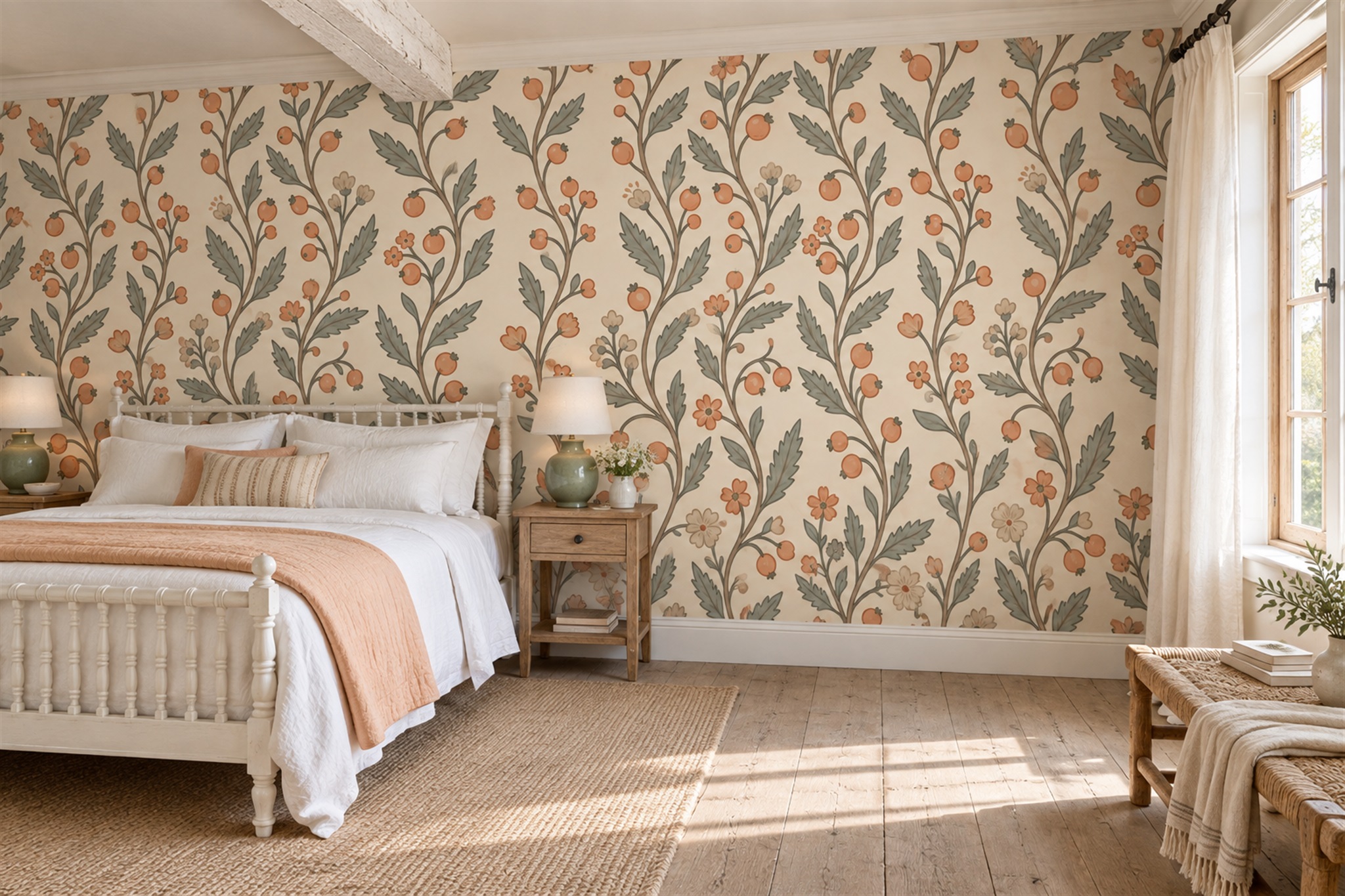 Orange Vine Botanical Wallpaper Mural Bedroom-wallpaper-murals, Peel-and-stick Finish