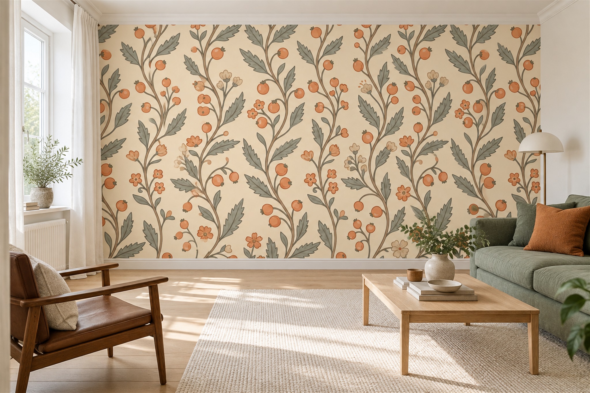Orange Vine Botanical Wallpaper Mural Bedroom-wallpaper-murals, Peel-and-stick Finish