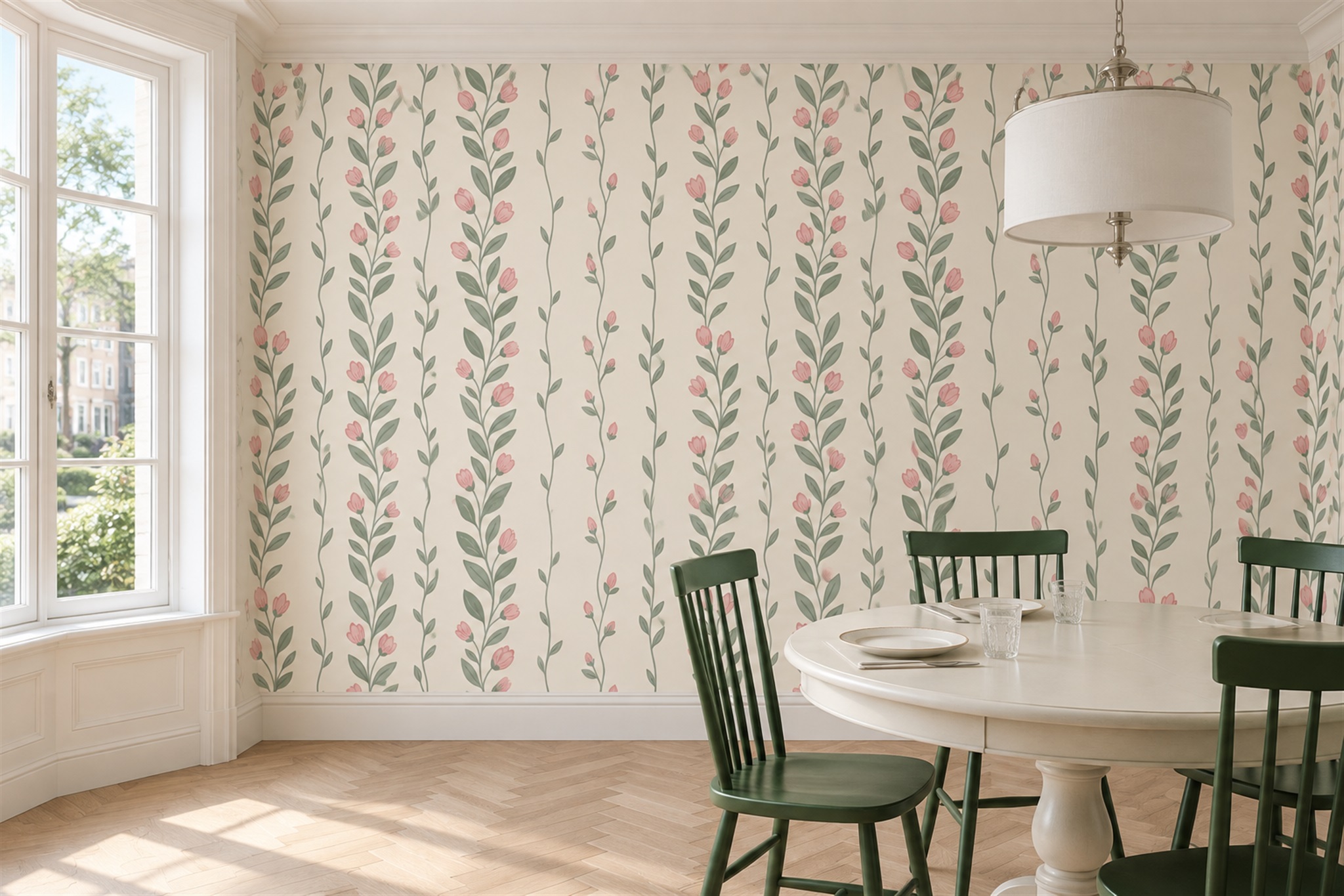Pink Blossom Sprigs And Sage Leaves Wallpaper Mural — Wallpaper Mural Design, Peel-and-stick Finish