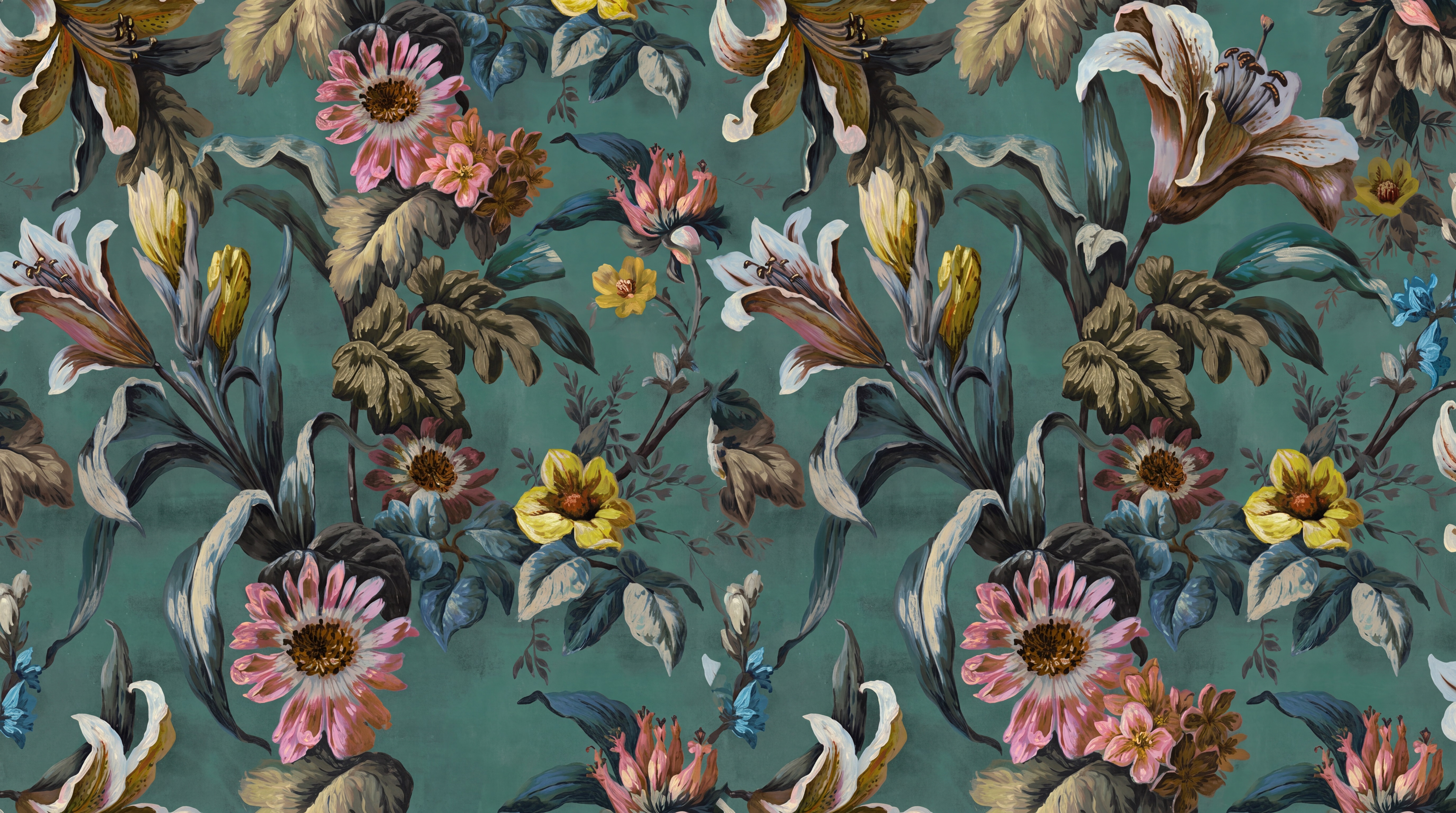 Teal Floral Botanical Wallpaper Mural, Peel-and-stick Finish