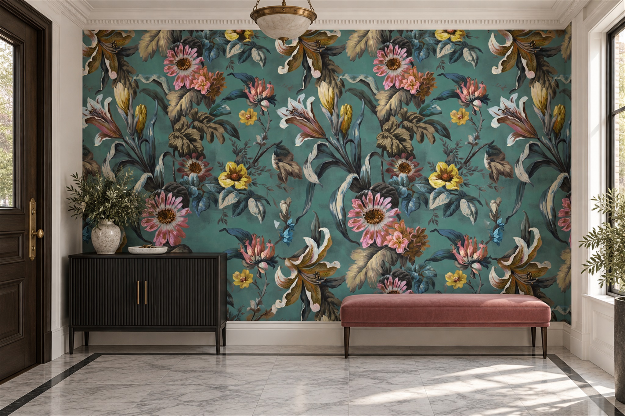 Teal Floral Botanical Wallpaper Mural Entryway-wallpaper-murals, Peel-and-stick Finish