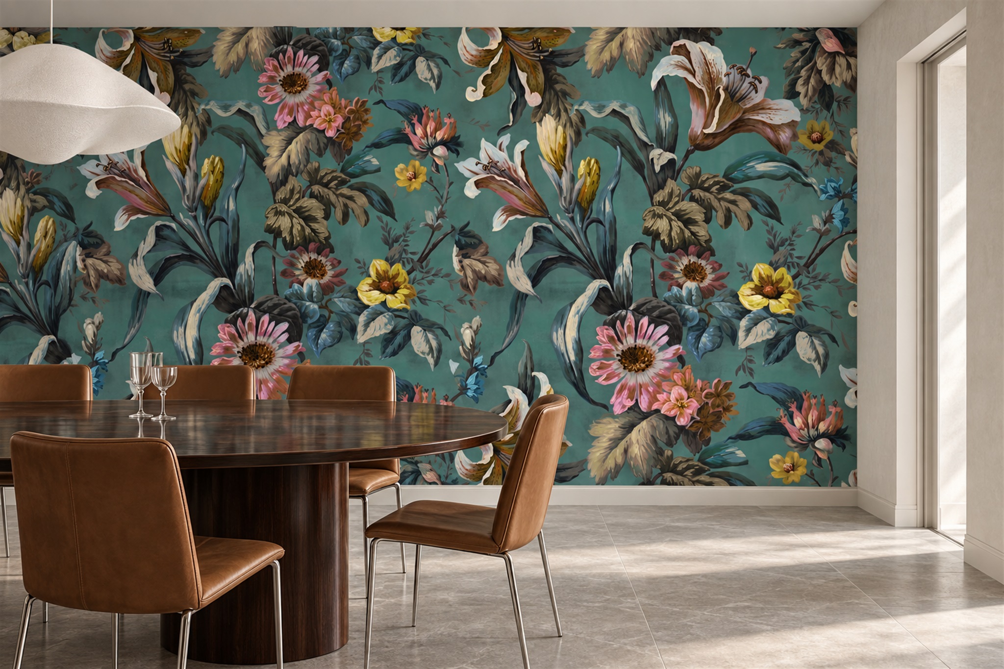 Teal Floral Botanical Wallpaper Mural Bedroom-wallpaper-murals, Peel-and-stick Finish
