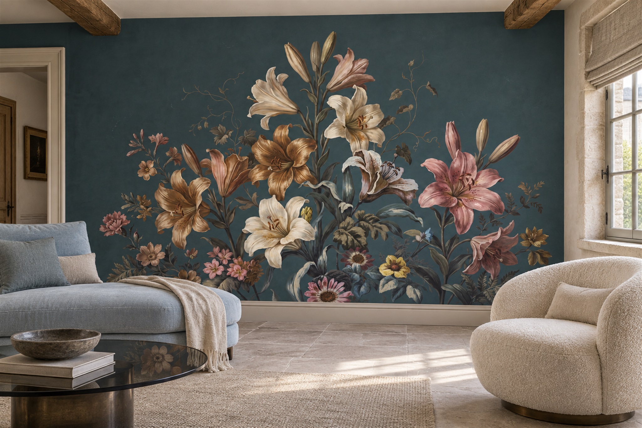 Vintage Cream And Rose Bouquets On Deep Teal Wallpaper Mural — Wallpaper Mural Design, Peel-and-stick Finish