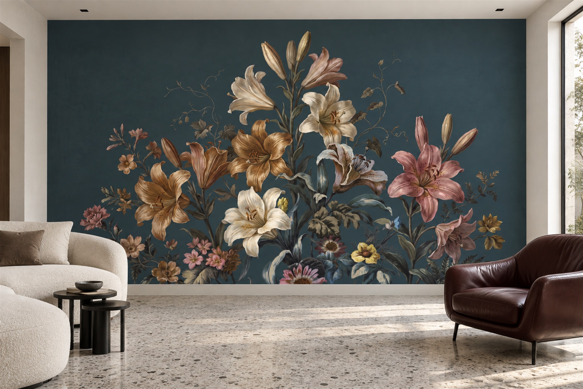 Teal Bouquet Botanical Wallpaper Mural Accent-wall-wallpaper-murals, Peel-and-stick Finish