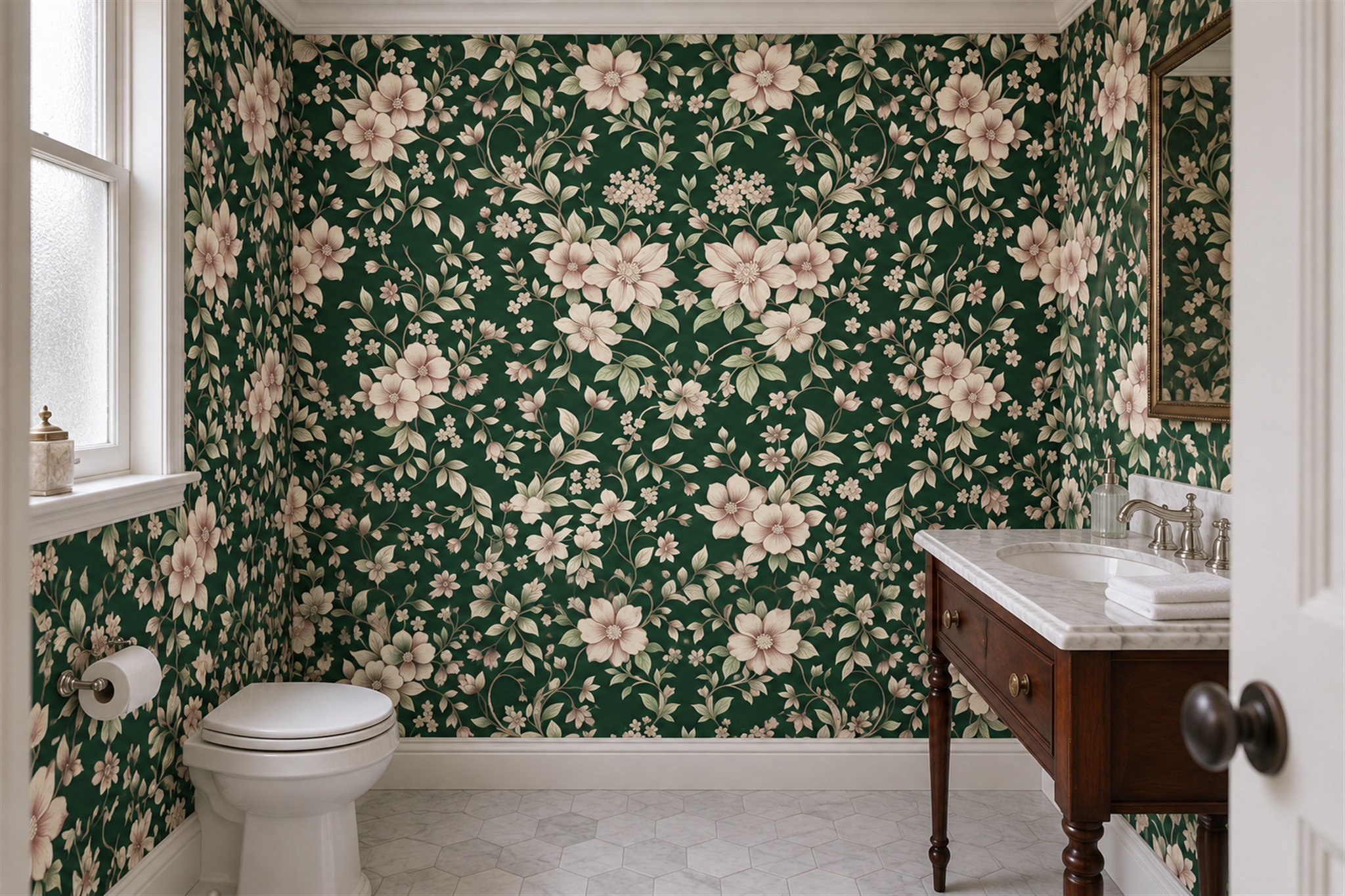 Green Floral Botanical Wallpaper Mural Bathroom-wallpaper-murals, Peel-and-stick Finish