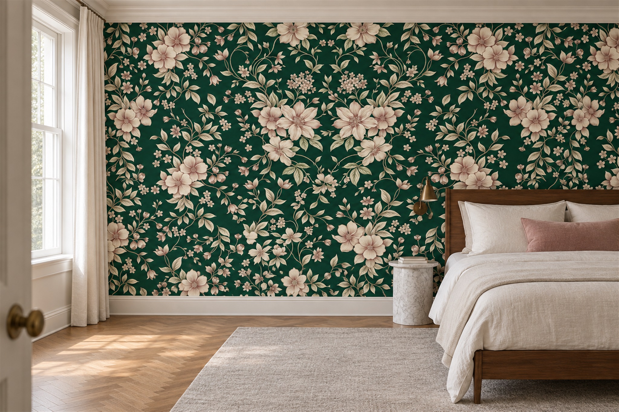 Ivory Blossom Vines On Deep Green Wallpaper Mural — Installed Wallpaper Mural In A Bedroom, Peel-and-stick Finish