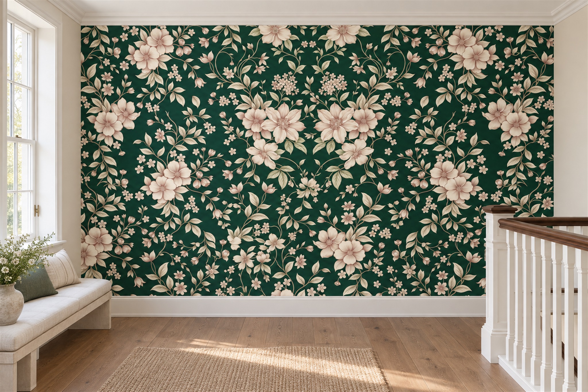 Green Floral Botanical Wallpaper Mural Accent-wall-wallpaper-murals, Peel-and-stick Finish