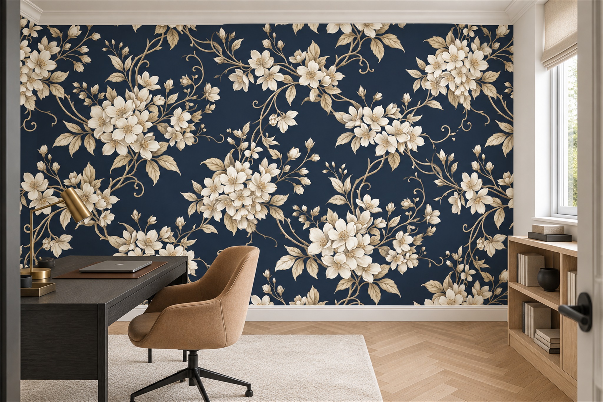 Navy Blossom Botanical Wallpaper Mural Office-wallpaper-murals, Shown In A Home Office, Peel-and-stick Finish