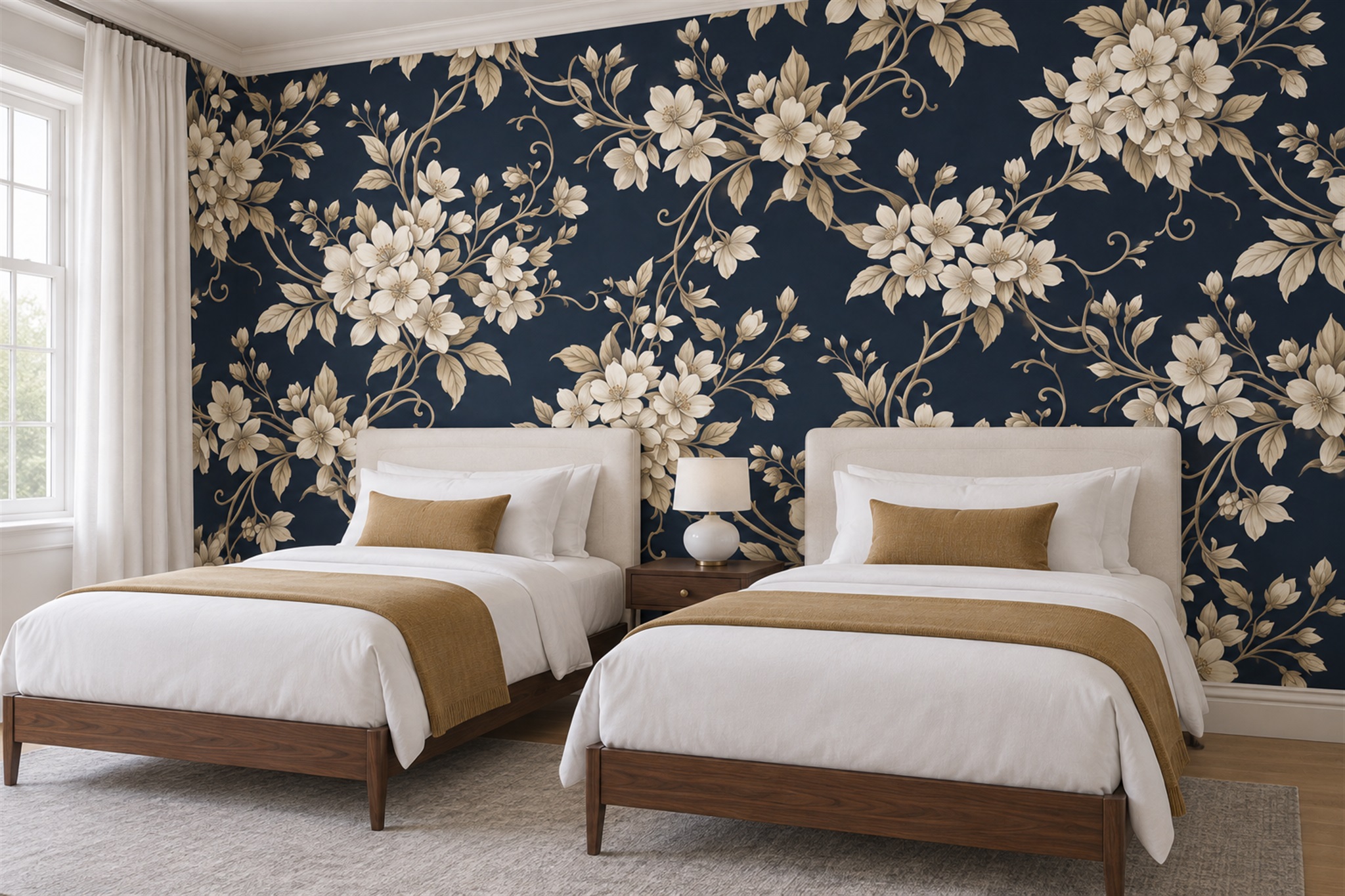 Navy Blossom Botanical Wallpaper Mural Bedroom-wallpaper-murals, Peel-and-stick Finish