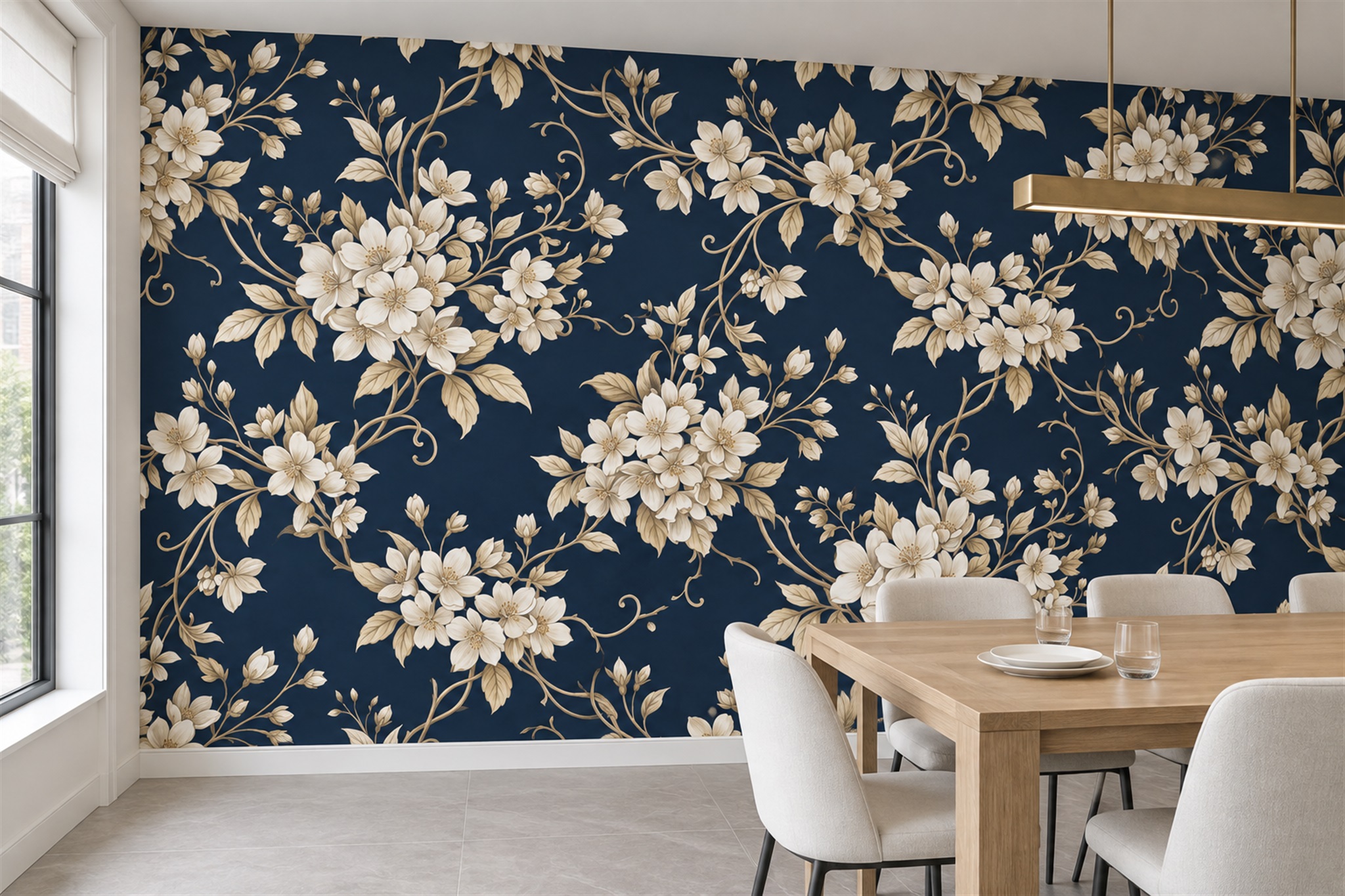 Navy Blossom Botanical Wallpaper Mural Dining-room-wallpaper-murals, Shown In A Dining Room, Peel-and-stick Finish
