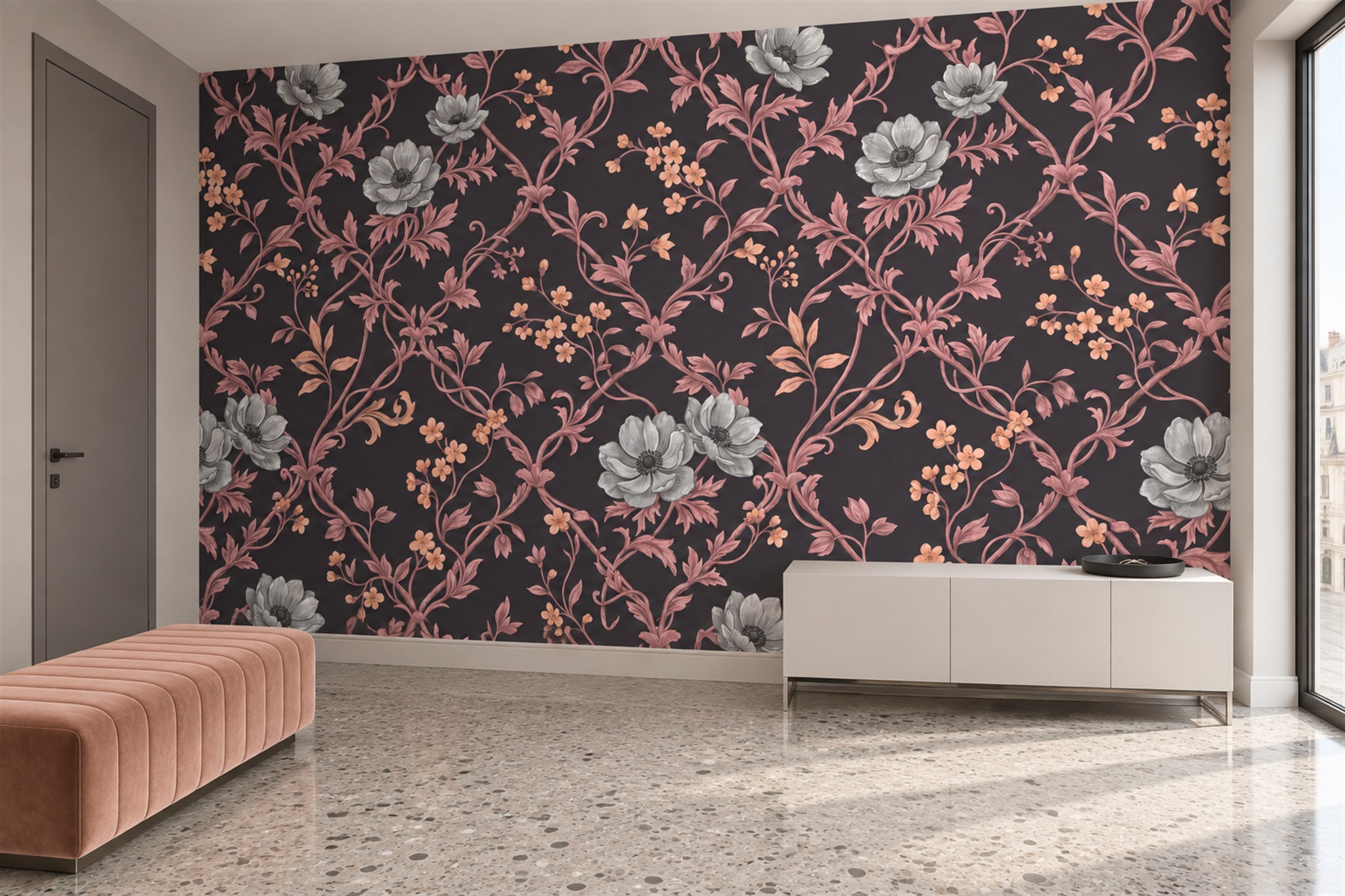 Pink Floral Botanical Wallpaper Mural Entryway-wallpaper-murals, Peel-and-stick Finish