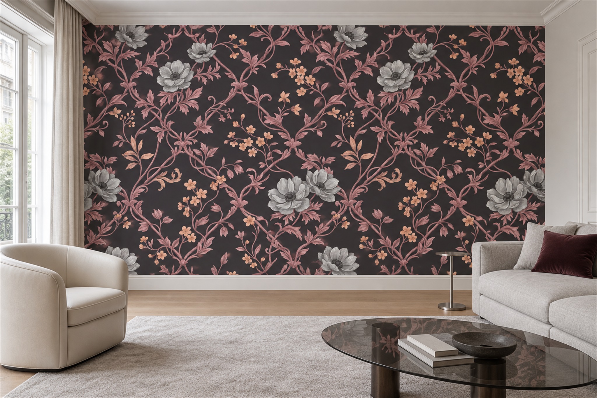 Pink Floral Botanical Wallpaper Mural Living-room-wallpaper-murals, Peel-and-stick Finish