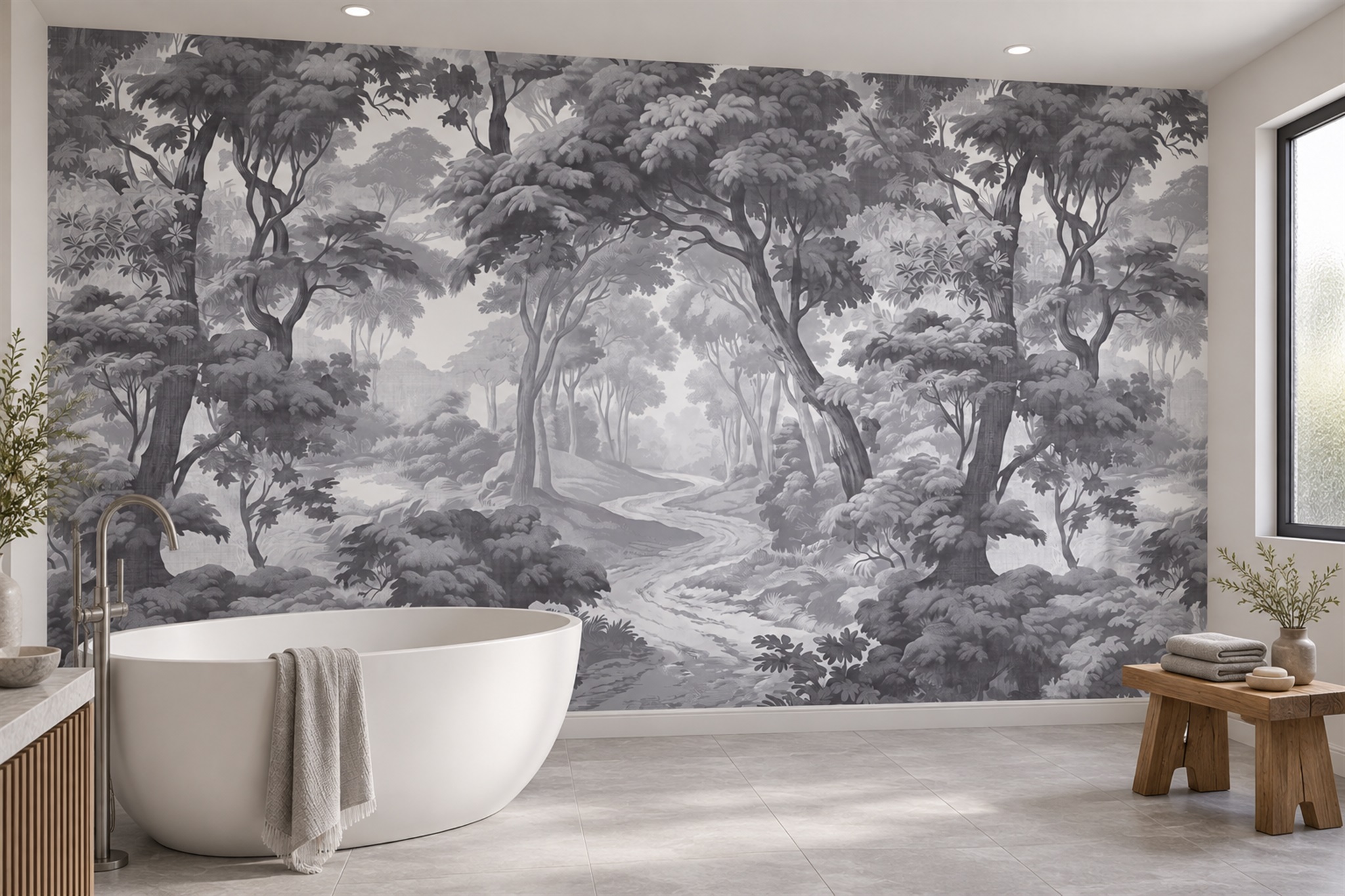 Grey Forest Scenic Wallpaper Mural Bathroom-wallpaper-murals, Peel-and-stick Finish