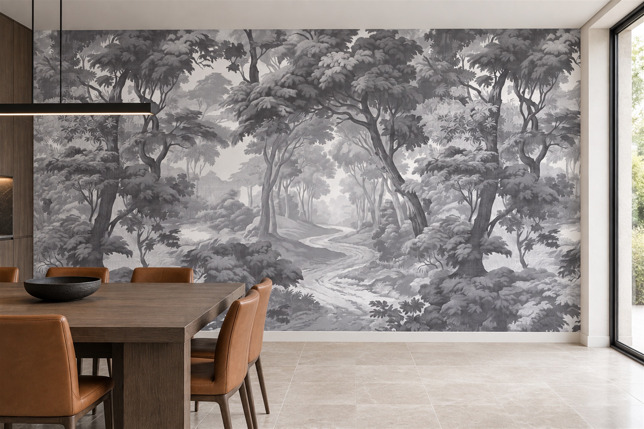 Grey Forest Scenic Wallpaper Mural Dining-room-wallpaper-murals, Shown In A Dining Room, Peel-and-stick Finish