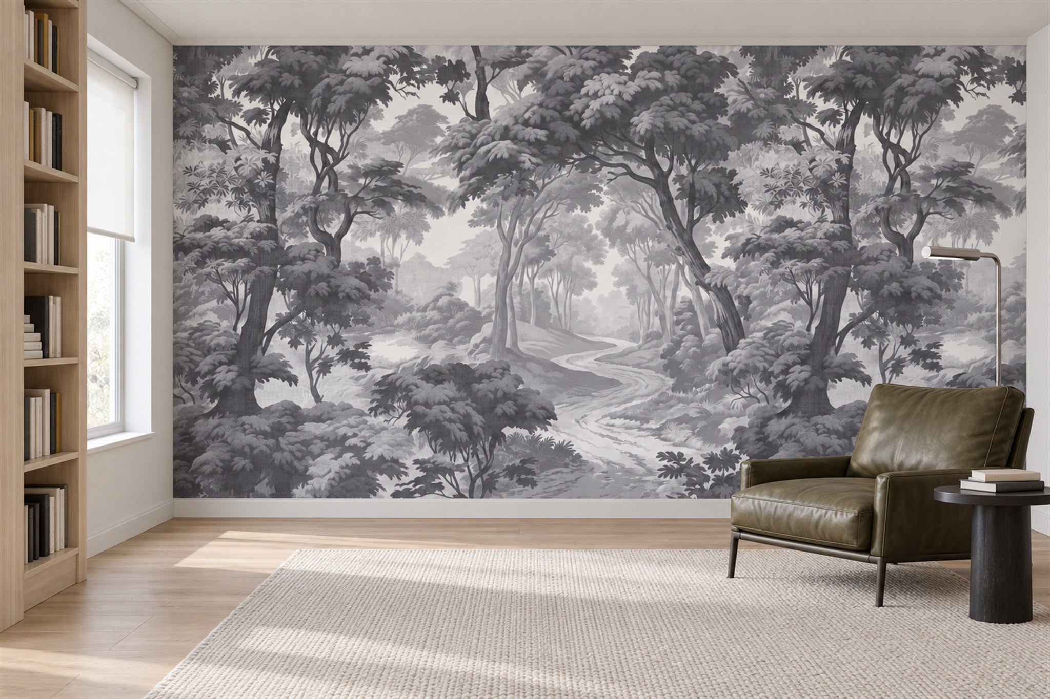 Monochrome Woodland Stream Watercolour Wallpaper Mural — Installed Wallpaper Mural In A Home Office, Peel-and-stick Finish