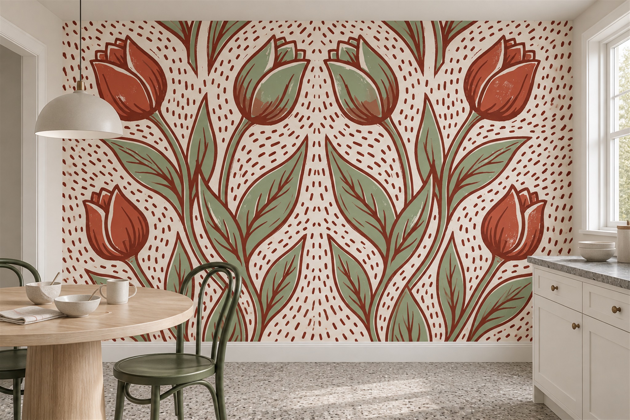 Red Pattern Decorative Wallpaper Mural Dining-room-wallpaper-murals, Shown In A Dining Room, Peel-and-stick Finish