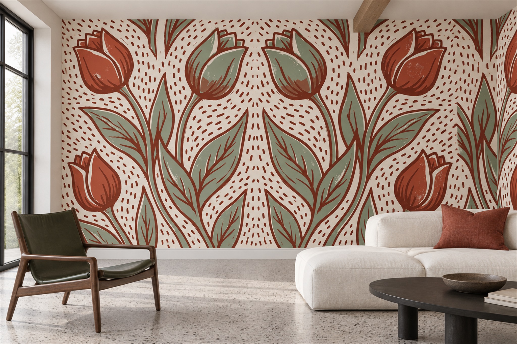 Terracotta Tulips And Sage Leaves Wallpaper Mural — Wallpaper Mural Design, Peel-and-stick Finish