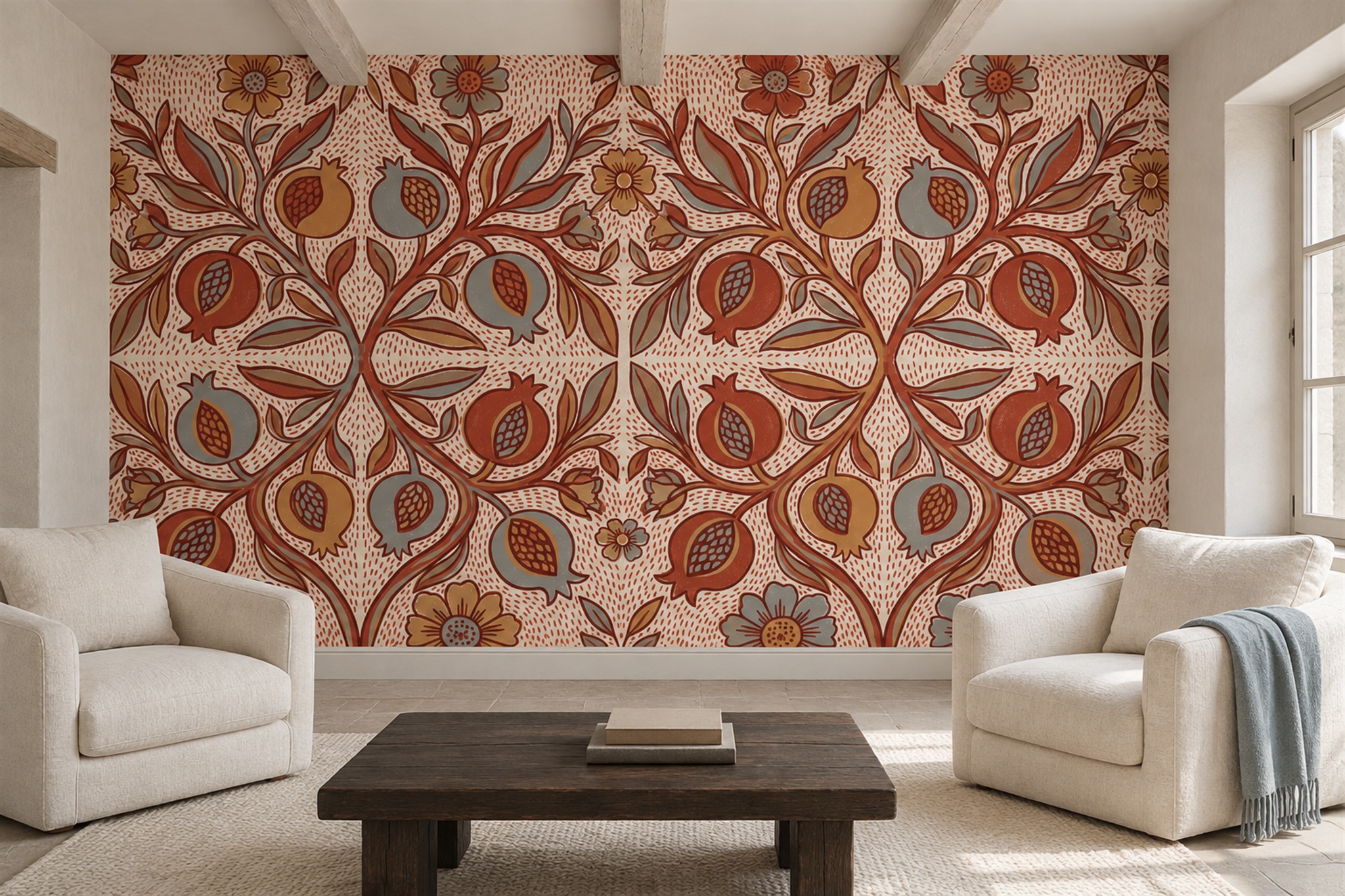 Rust Floral Botanical Wallpaper Mural Accent-wall-wallpaper-murals, Peel-and-stick Finish