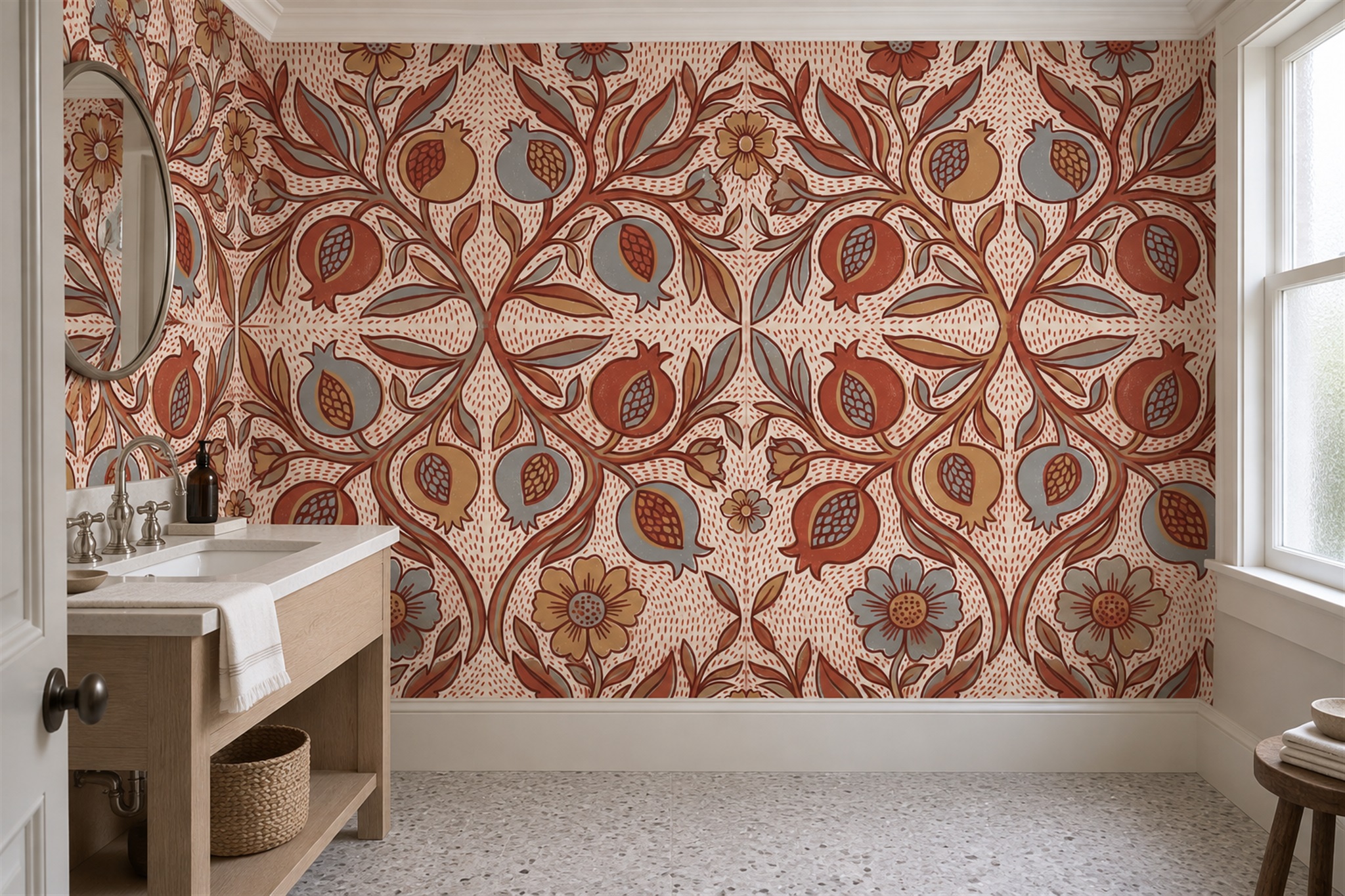 Rust Floral Botanical Wallpaper Mural Bathroom-wallpaper-murals, Peel-and-stick Finish
