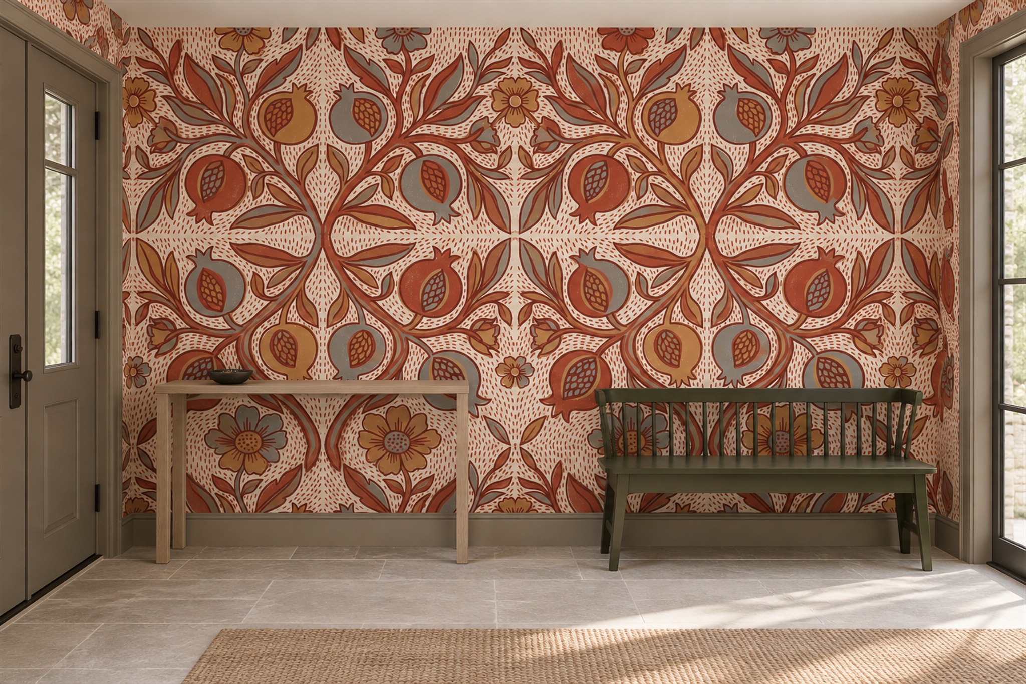Rust Floral Botanical Wallpaper Mural Entryway-wallpaper-murals, Peel-and-stick Finish