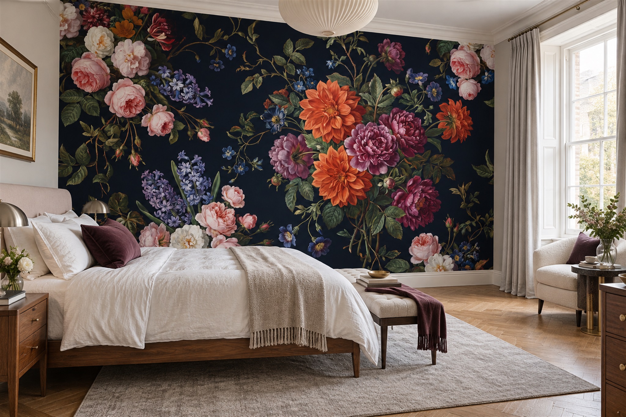 Are Dark Mural Wallpapers Suitable for Small Rooms? — installed wallpaper mural in a bedroom, peel-and-stick finish
